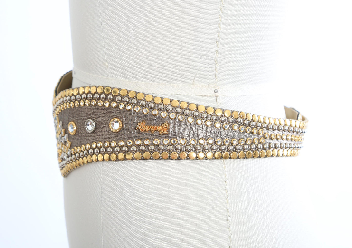 Vintage 80s Kippys gold & silver leather studded Rhinestone kidney belt