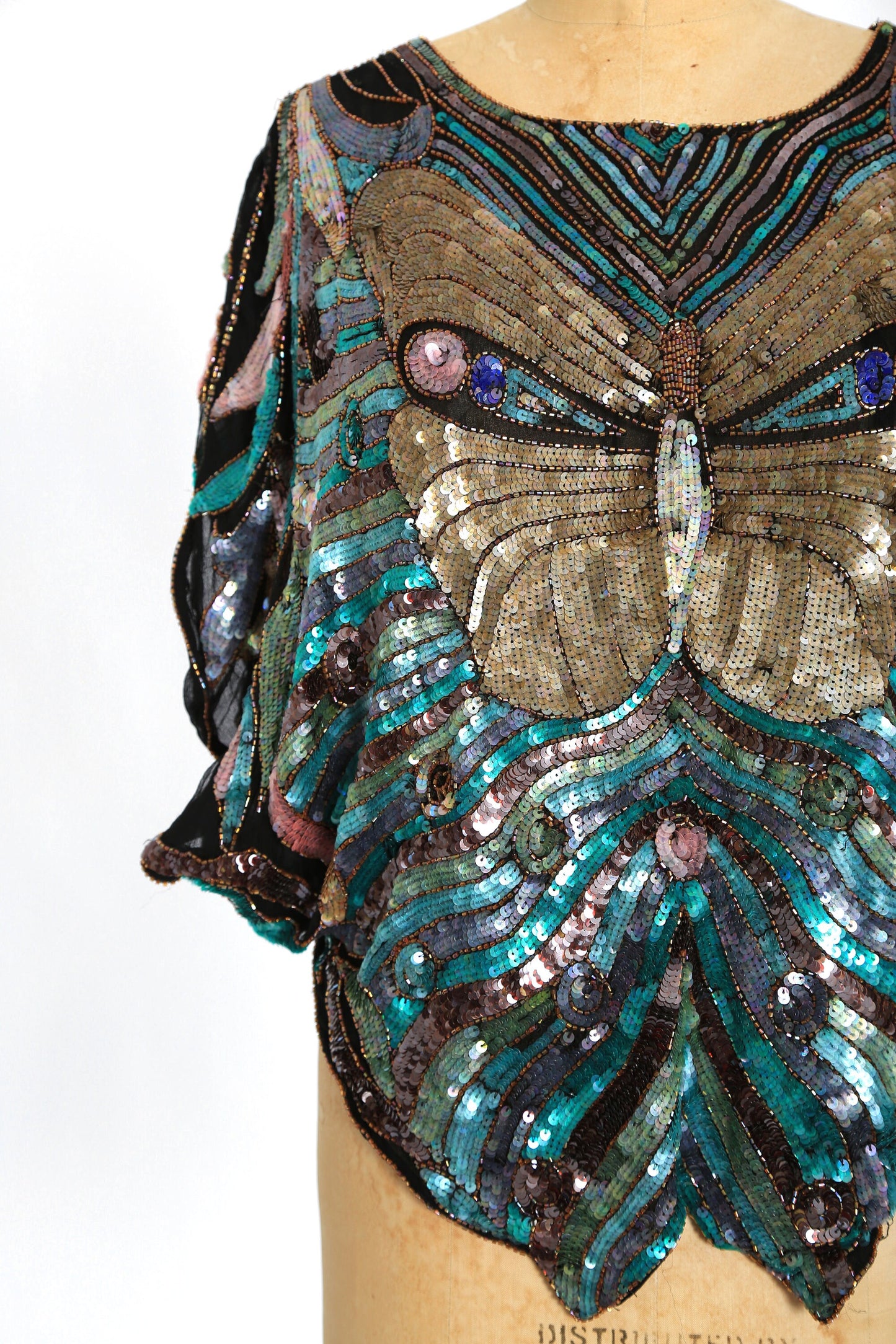 Butterfly silk blouse | Vintage 70s beaded sequin butterfly face blouse