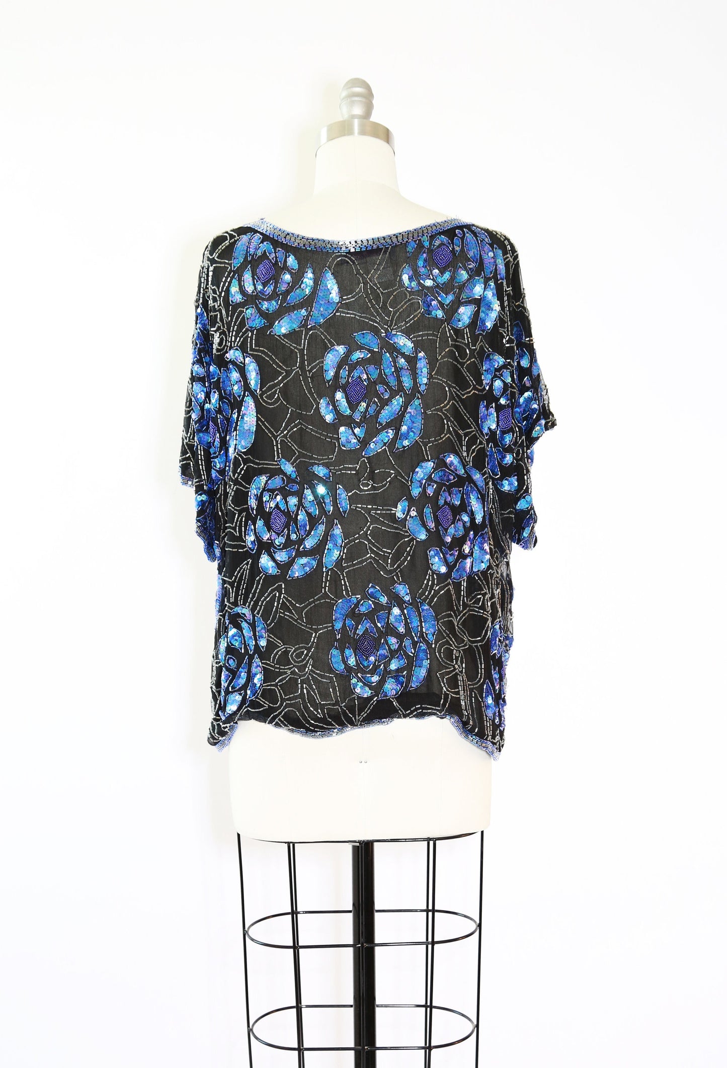 Vintage 80s beaded sequin silk rose blouse M