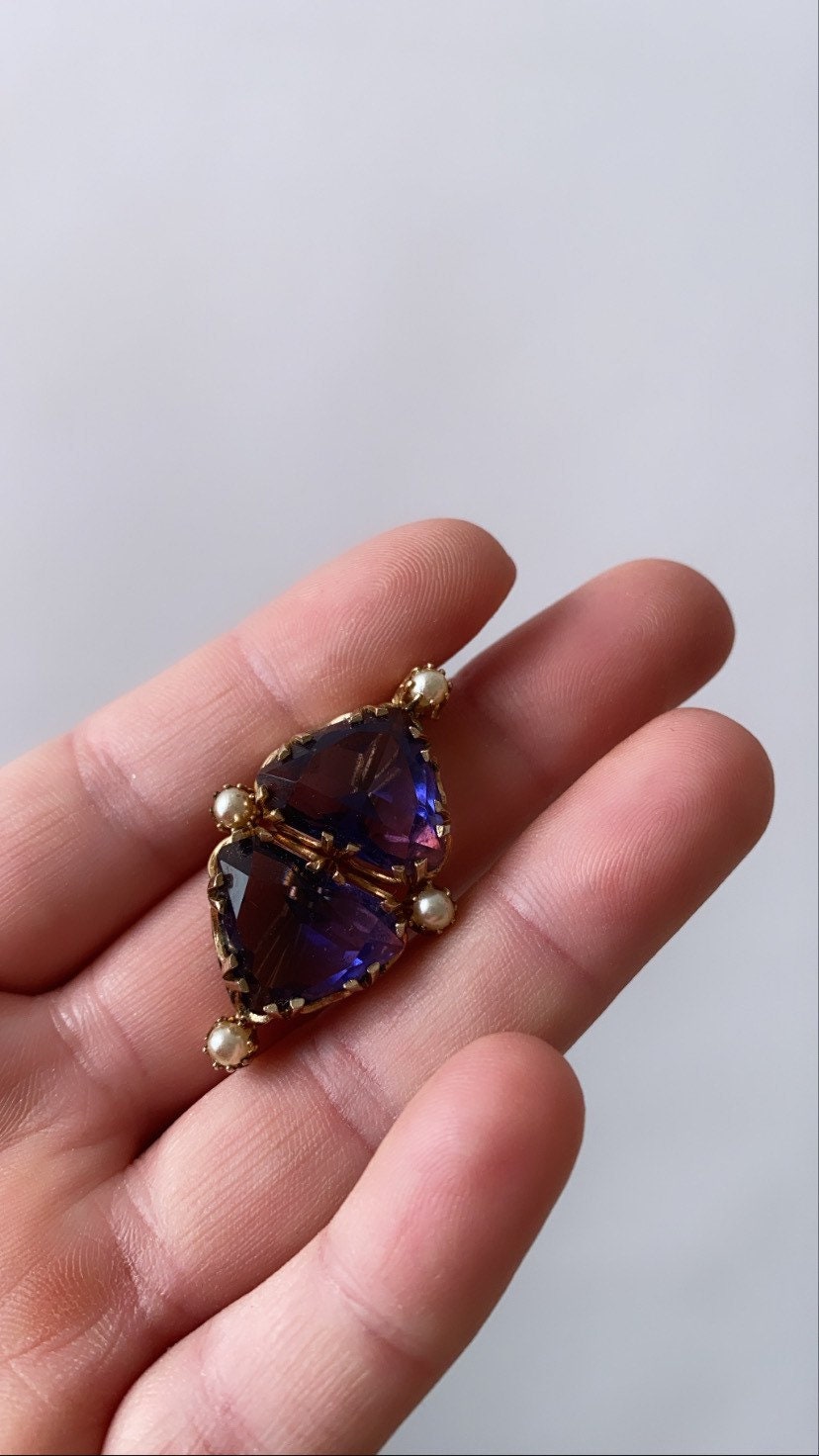 Amethyst gold brooch | Antique vintage Edwardian large Amethyst 9k gold seed pearl brooch