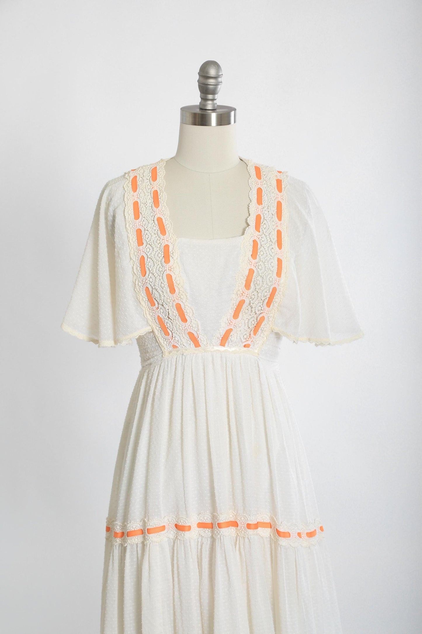 Vintage 70s white cotton Swiss got orange maxi dress