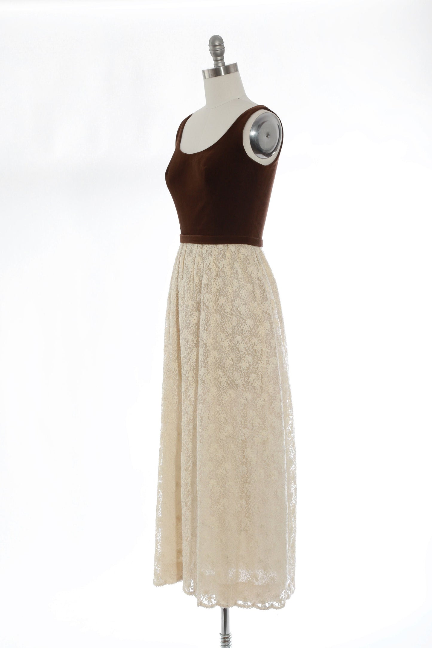Lanz floral dress | vintage 70s brown velvet embroidered maxi dress | 1970s cream floral maxi dress