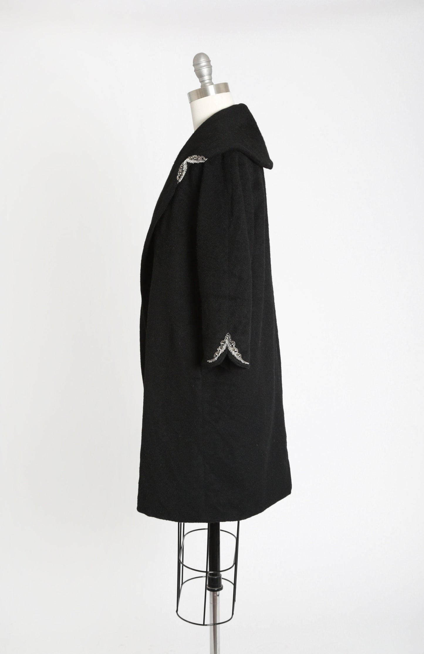 40s beaded coat | Vintage 40s black mohair wool coat | 1940s hand beaded swing coat