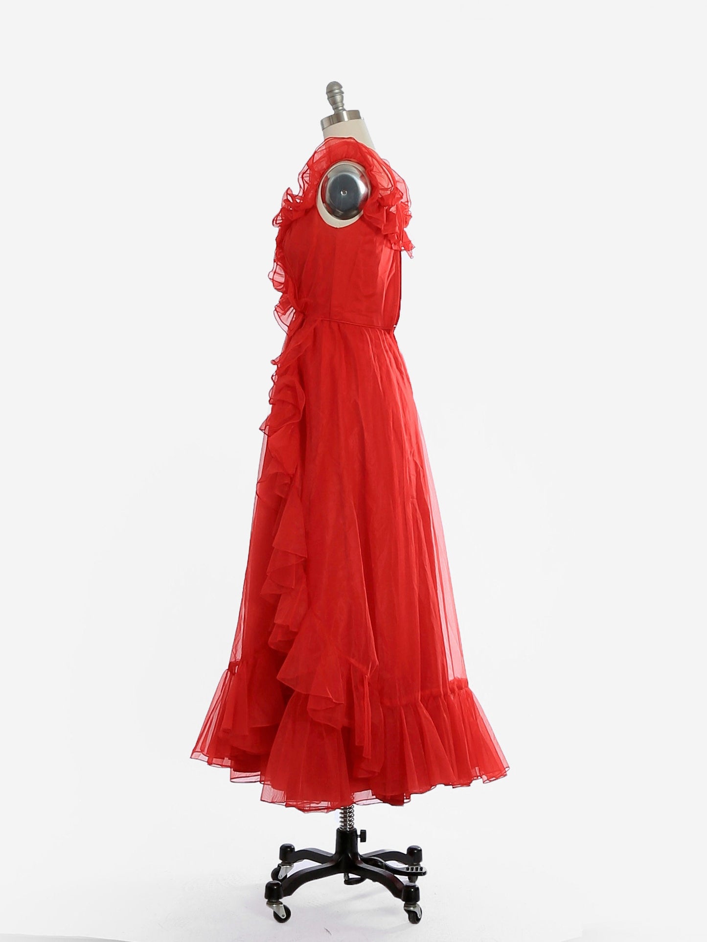 Vintage 70s red ruffle chiffon gown dress