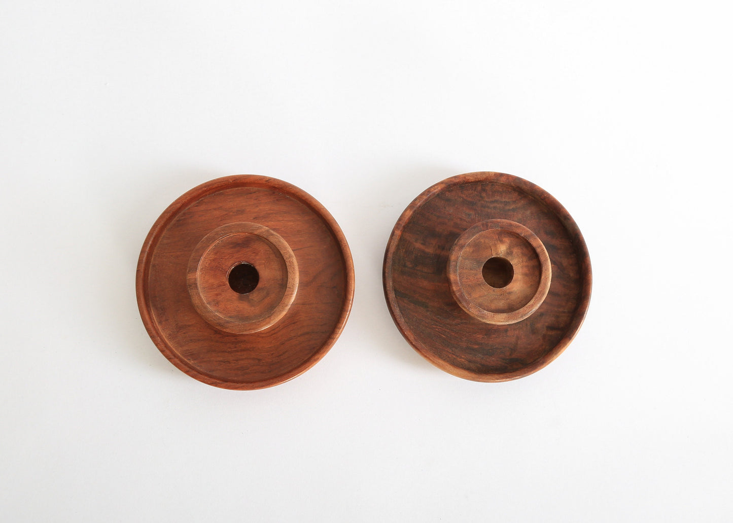 Vintage walnut turned wood candle stick holders pair