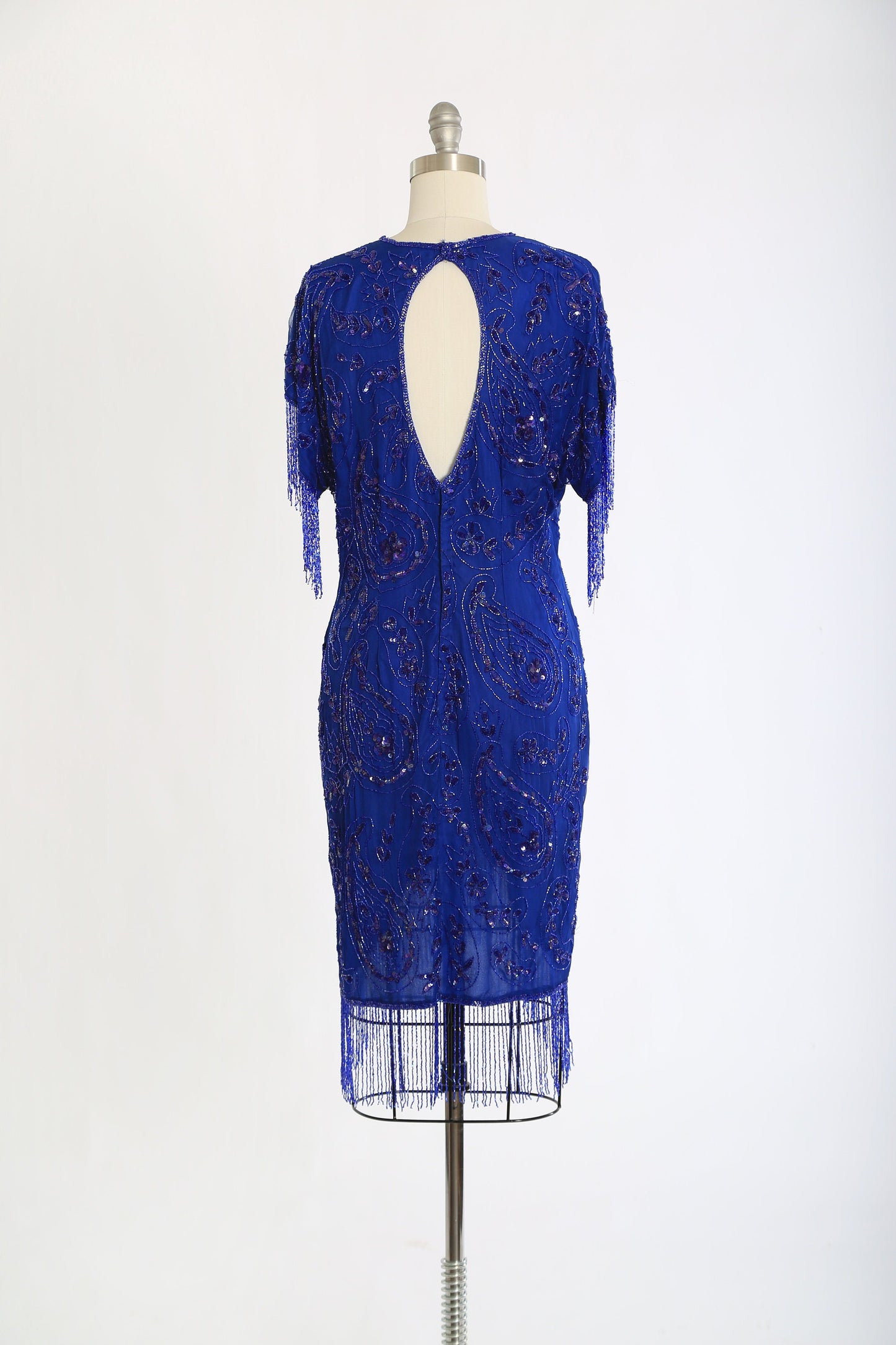 vintage 80s Blue fringe beaded sequin floral paisley silk dress