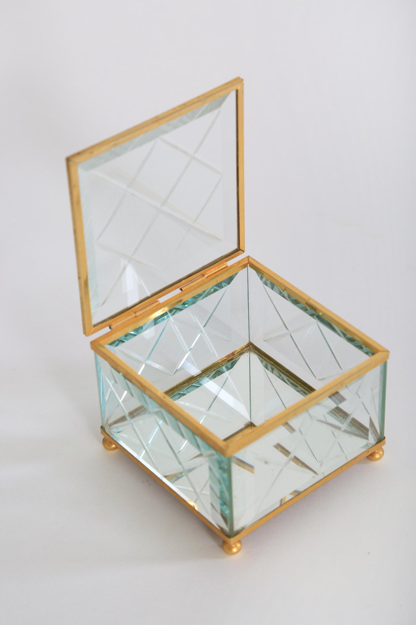 Vintage cut glass brass Jewelry Casket Box