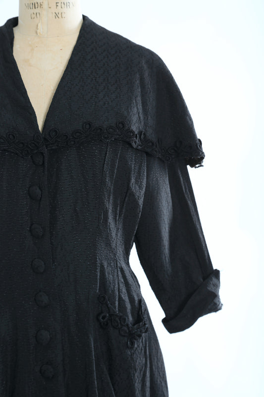 Vintage 40s 50s New Look black embroidered satin dress