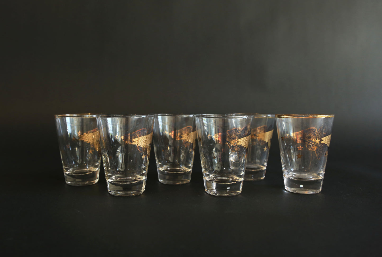 Vintage Gay Fad Americana 22K gold Gilt Eagles Shot glasses Set of 6