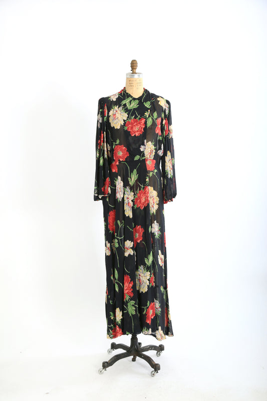 1940s black floral wrap gown dress