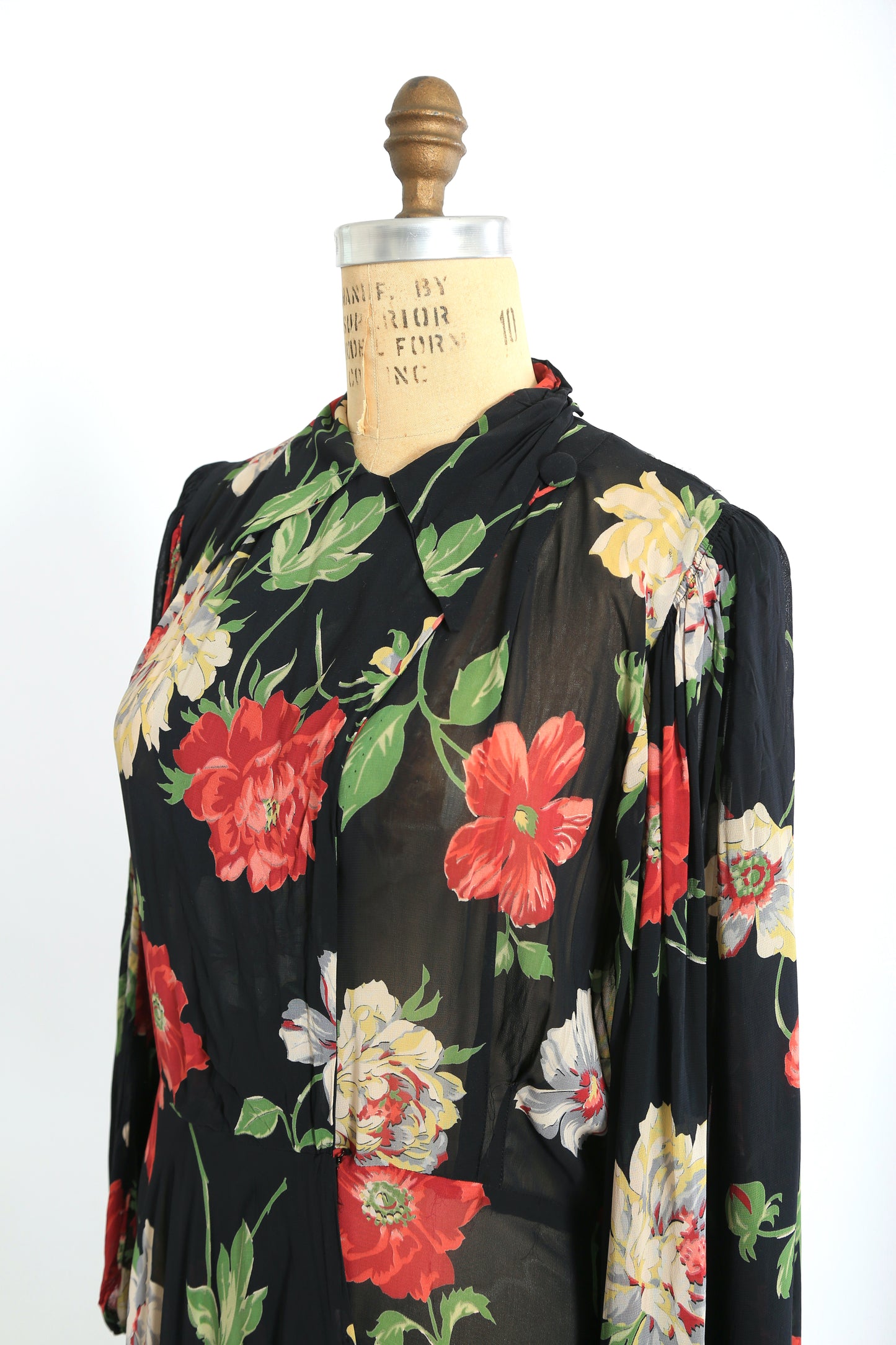 1940s black floral wrap gown dress