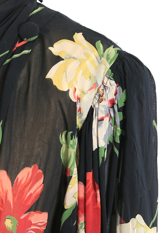 1940s black floral wrap gown dress