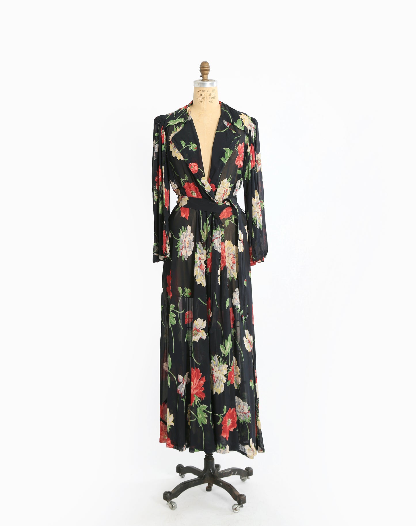 1940s black floral wrap gown dress