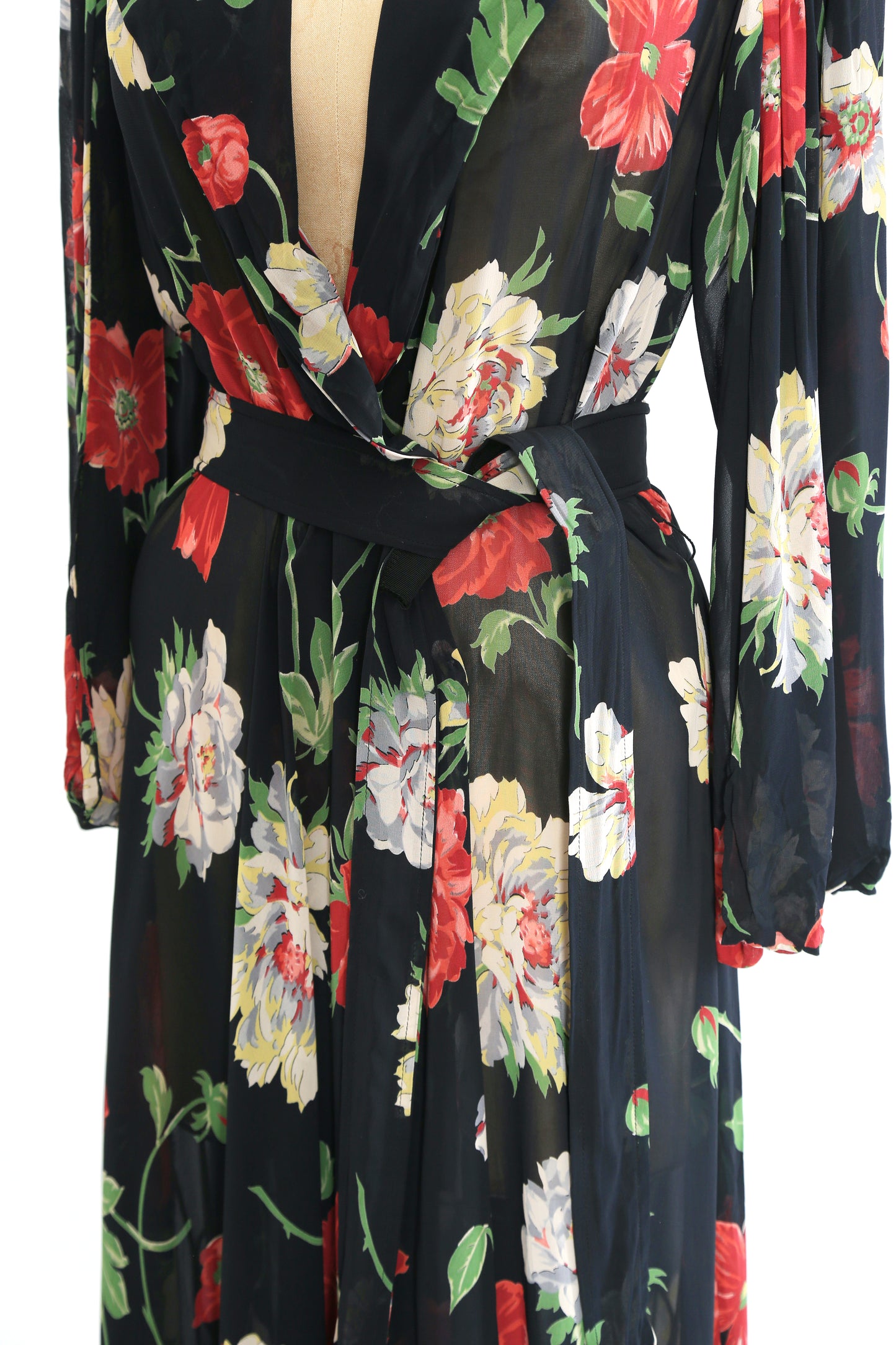 1940s black floral wrap gown dress
