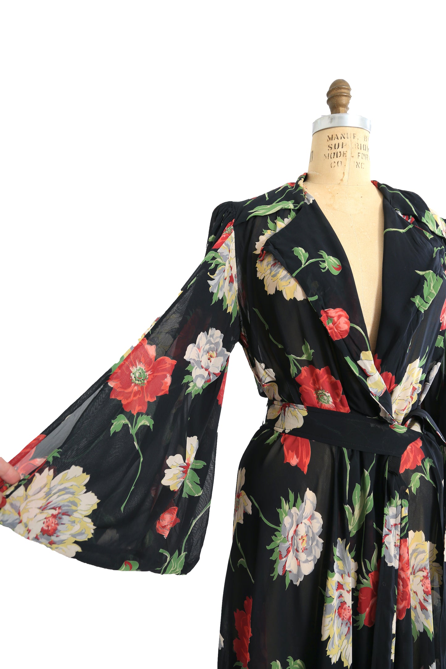 1940s black floral wrap gown dress