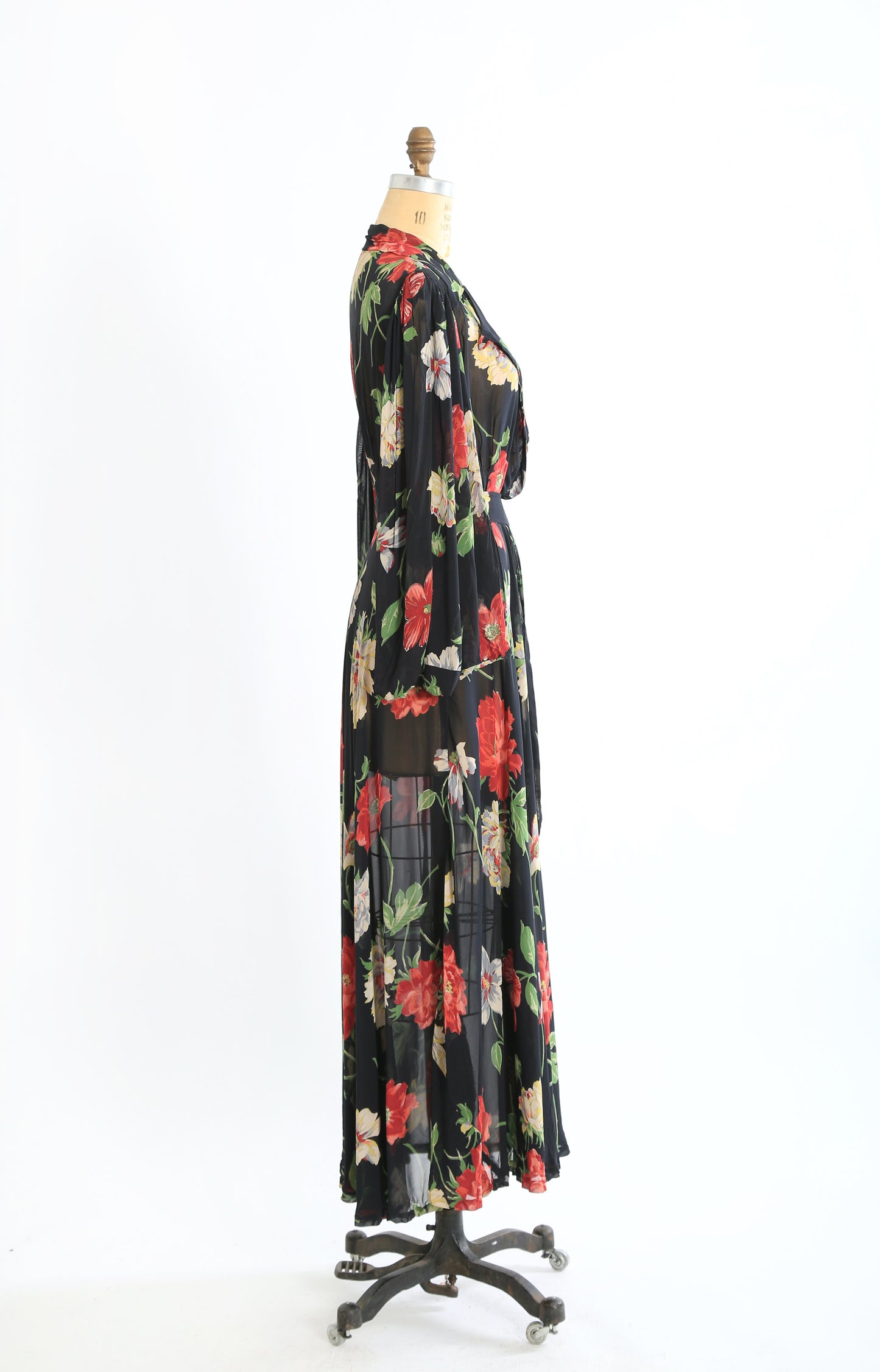 1940s black floral wrap gown dress