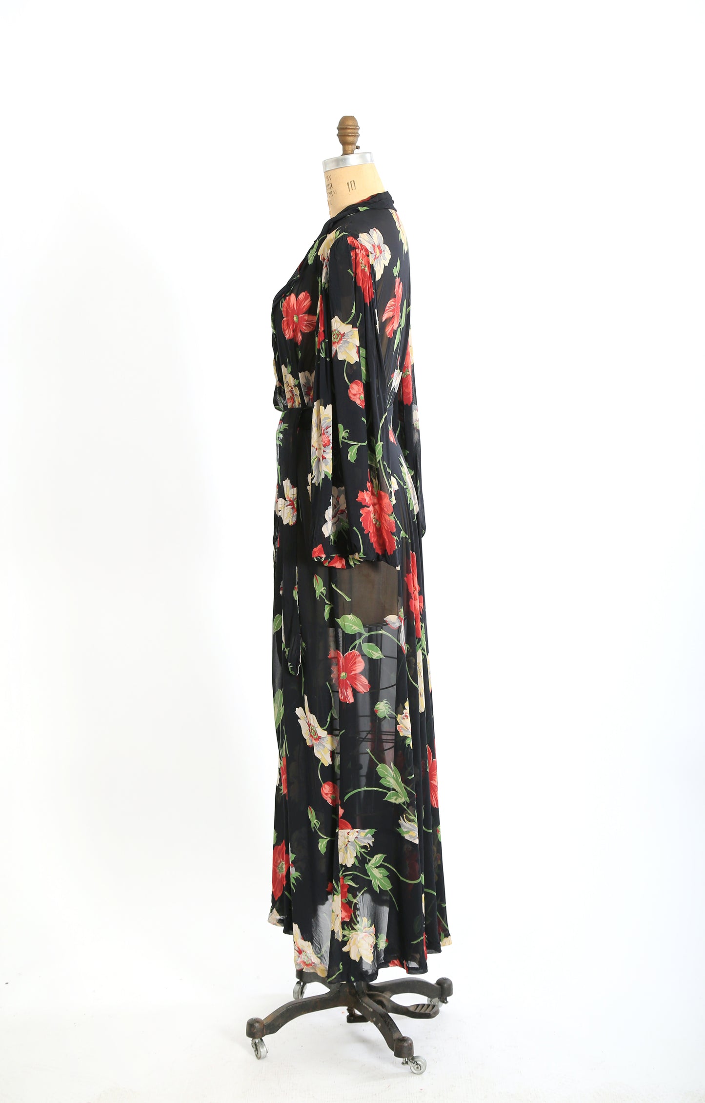 1940s black floral wrap gown dress