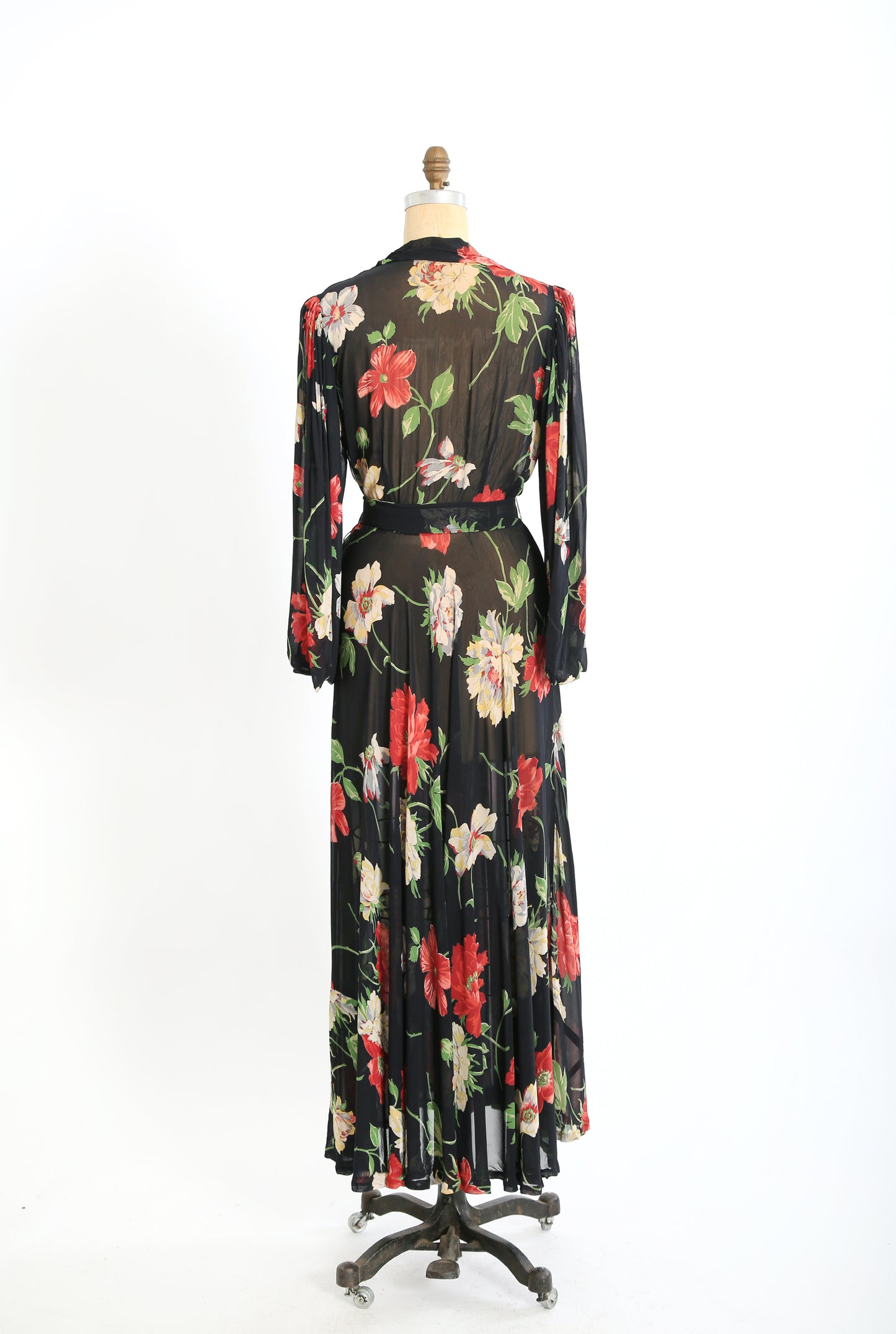 1940s black floral wrap gown dress