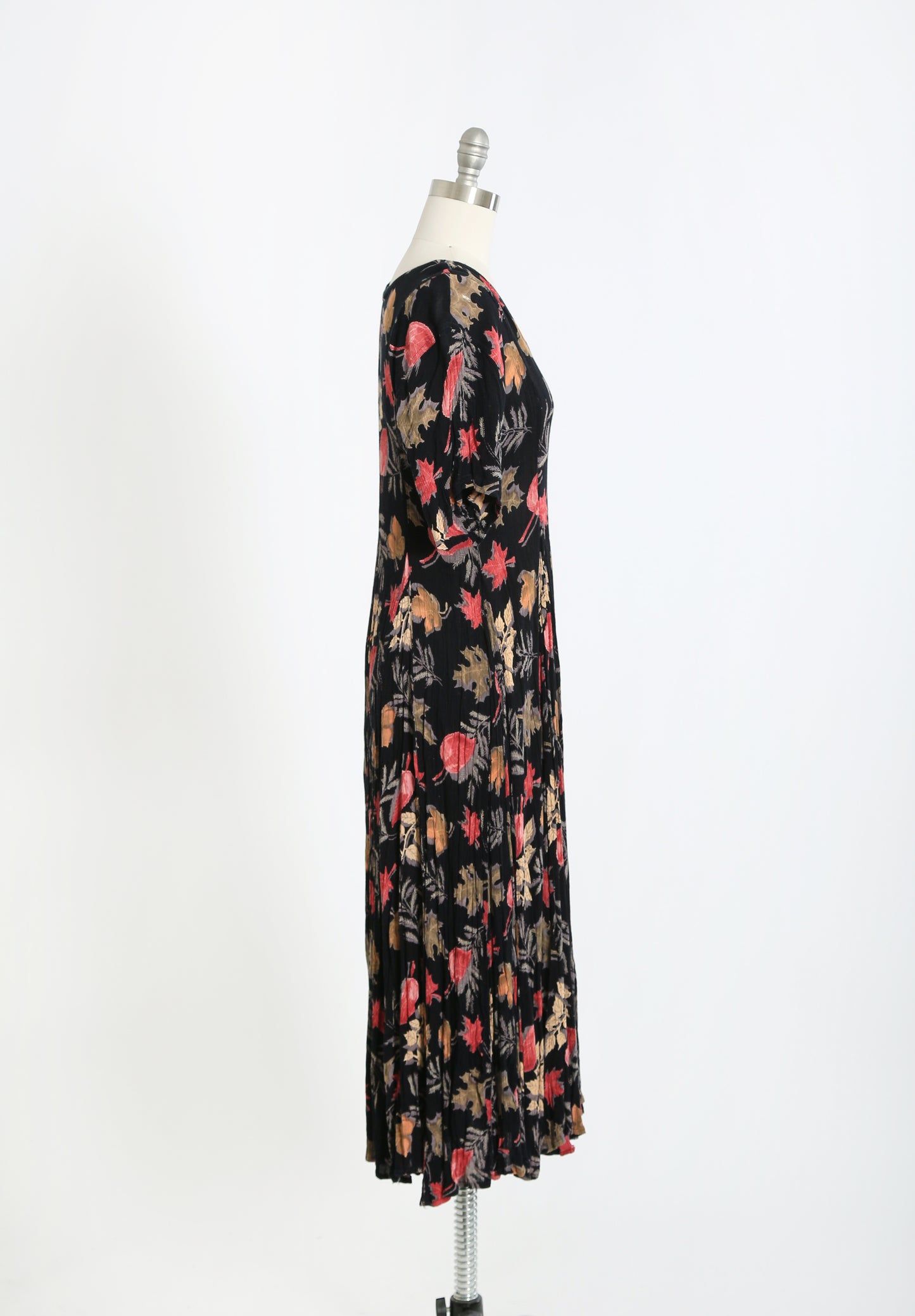90s black Falling Leaf rayon maxi dress