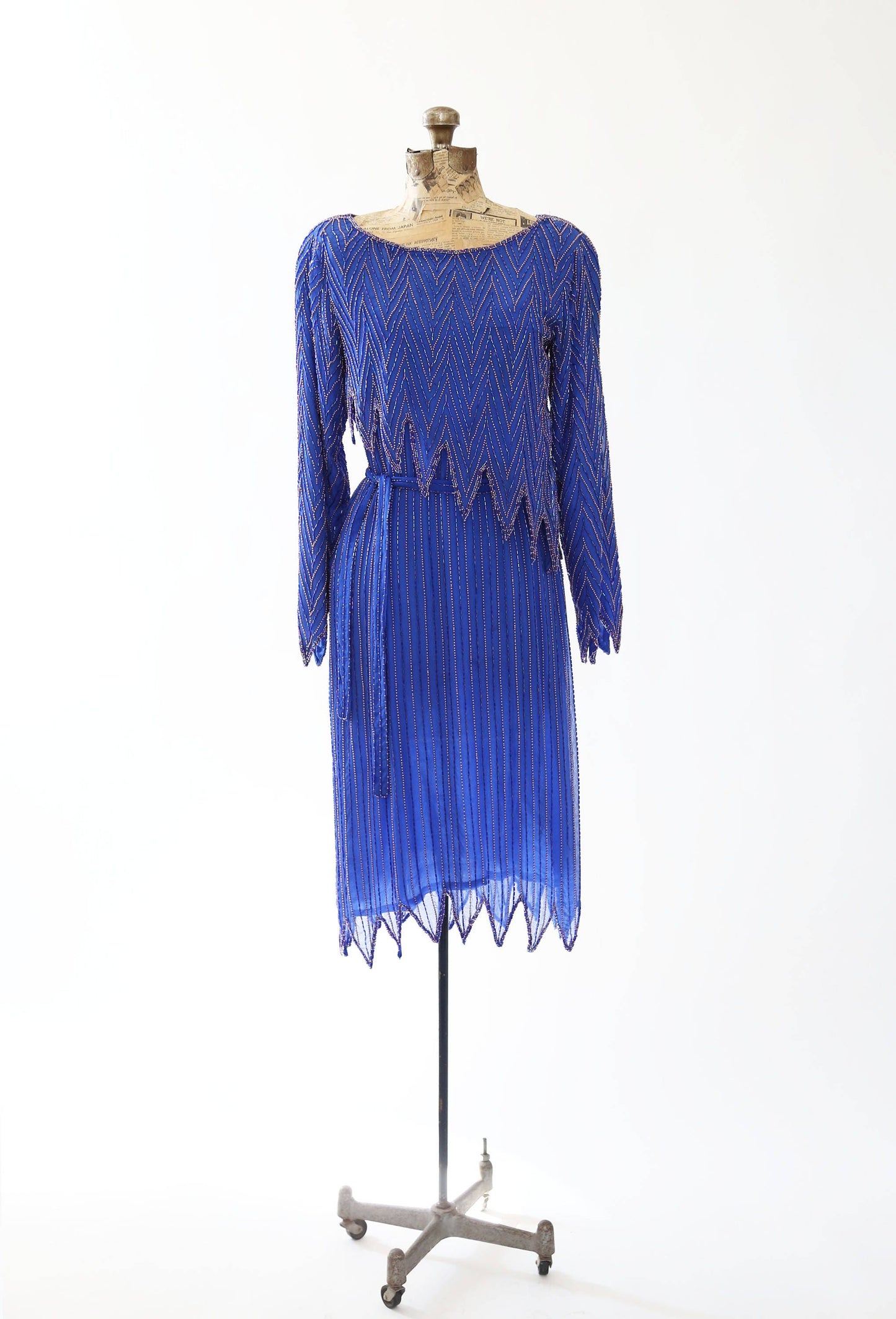 Vintage 70s blue beaded silk dress | 1970s 3pc beaded cocktail dress