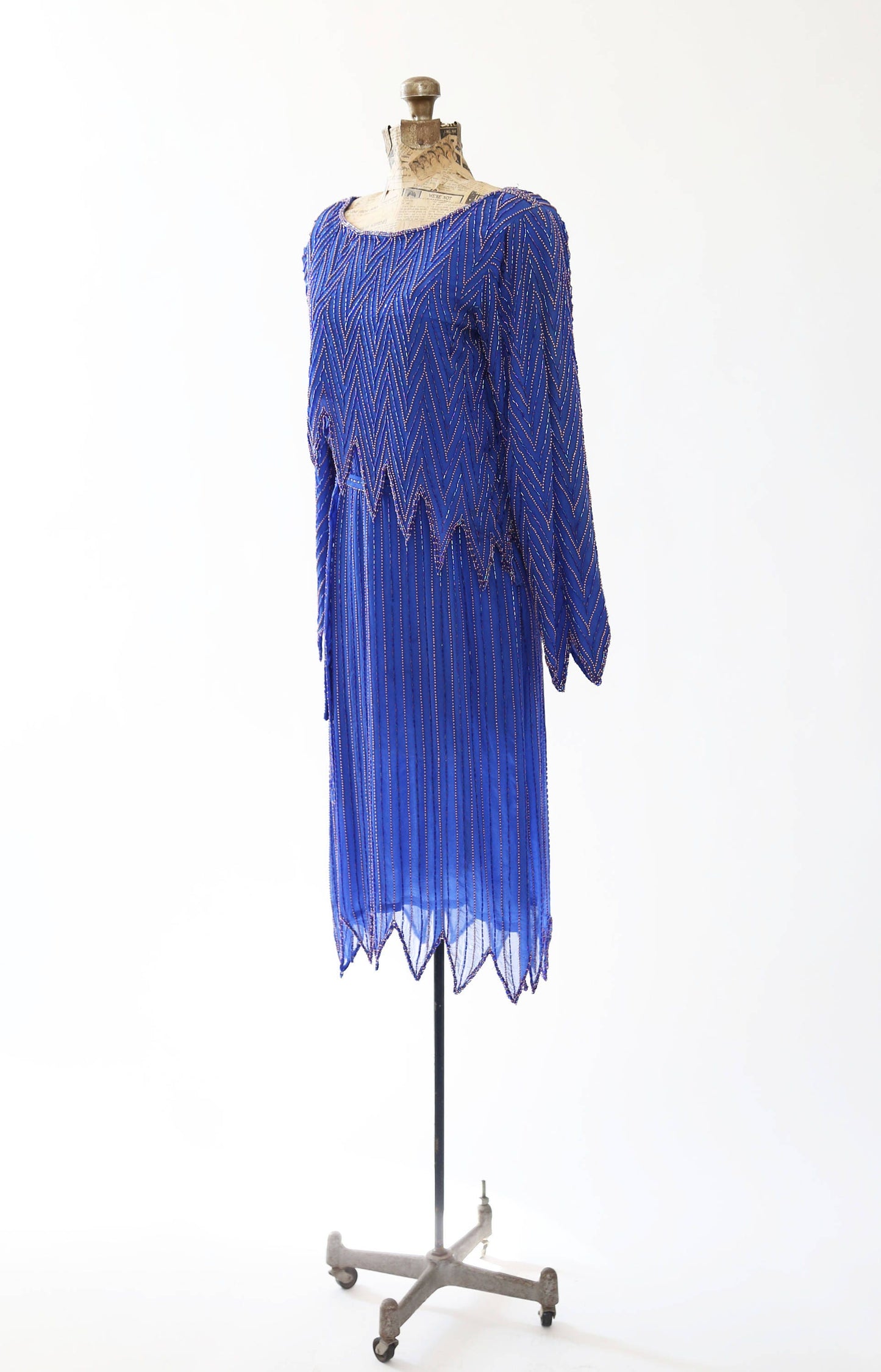 Vintage 70s blue beaded silk dress | 1970s 3pc beaded cocktail dress