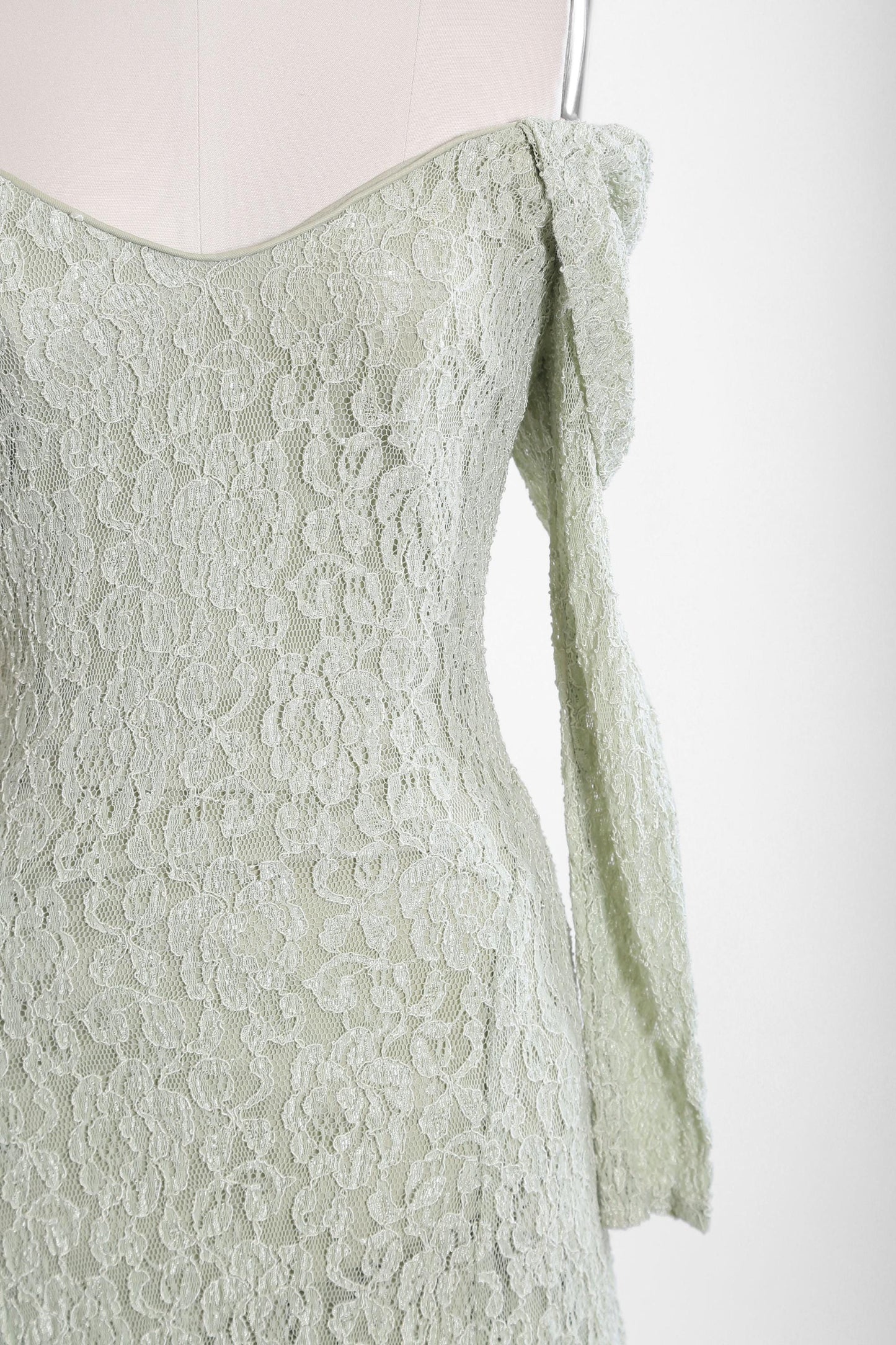 Vintage 90s Mint green floral lace off the shoulder bodycon maxi dress