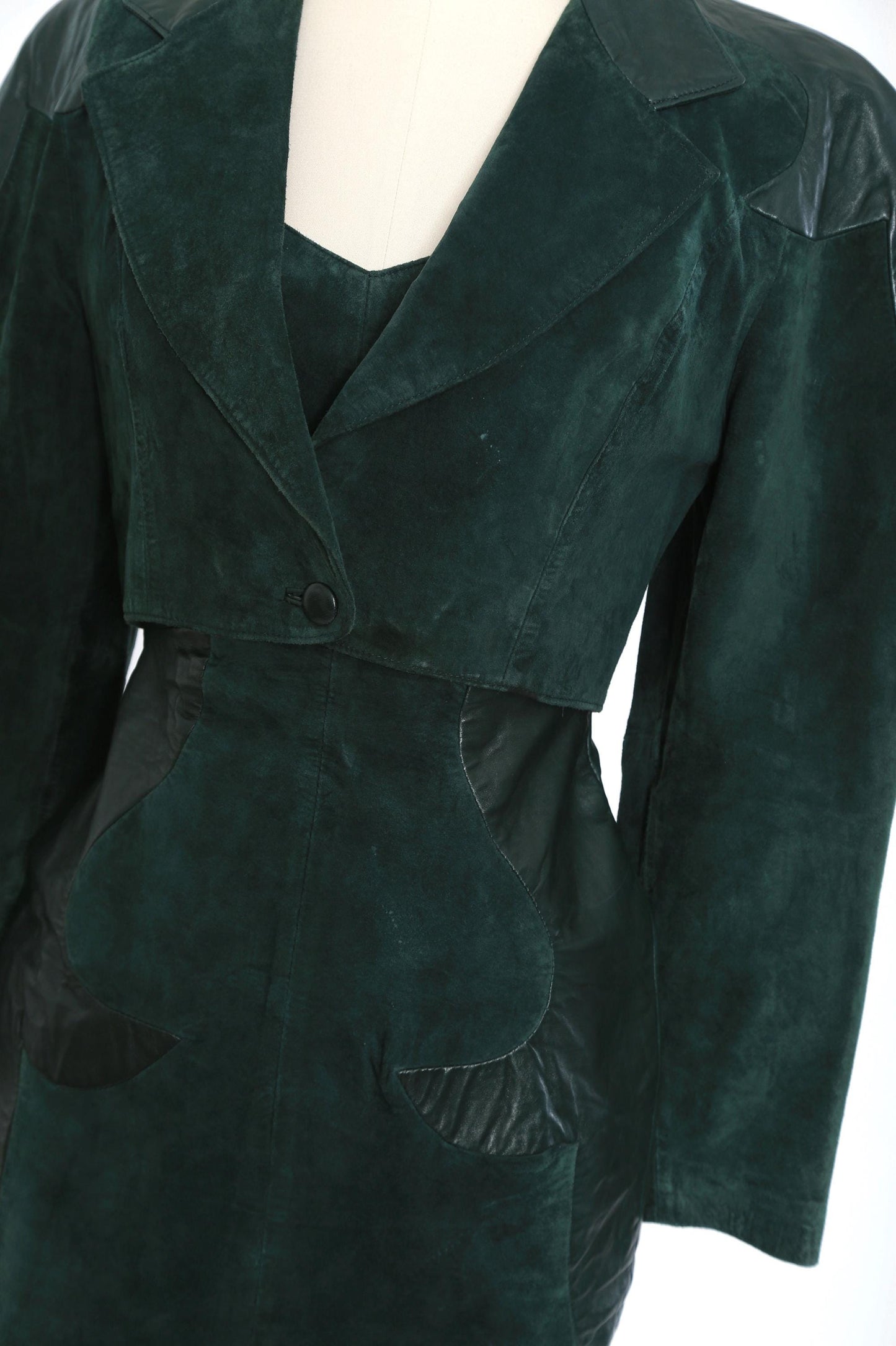 Vintage Micheal Hoban North Beach green leather mini dress + cropped jacket