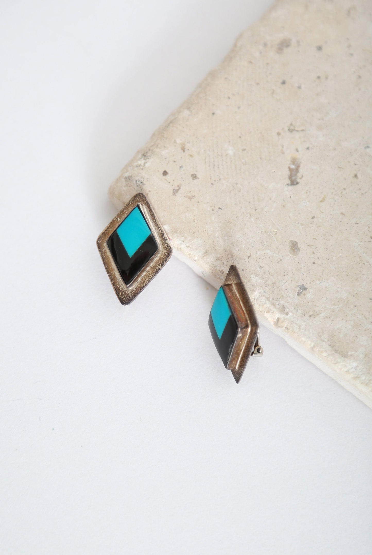 Vintage Sterling Silver Turquoise Onyx Mexican diamond clip on earrings