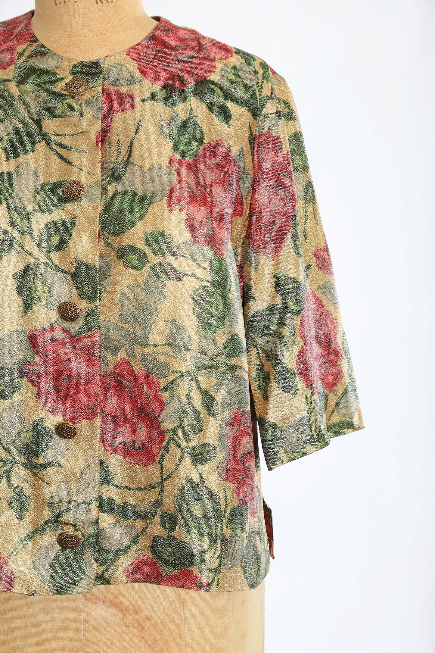 60s Gold Lurex jacket | Vintage 1960s Saks Fifth Avenue metallic gold rose cropped jacket