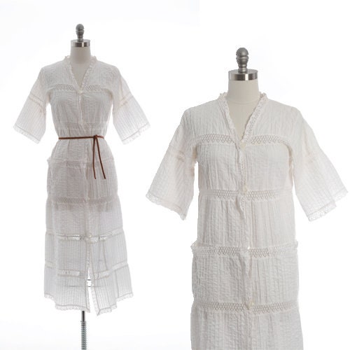 Vintage 70s Mexican white cotton crochet Dress