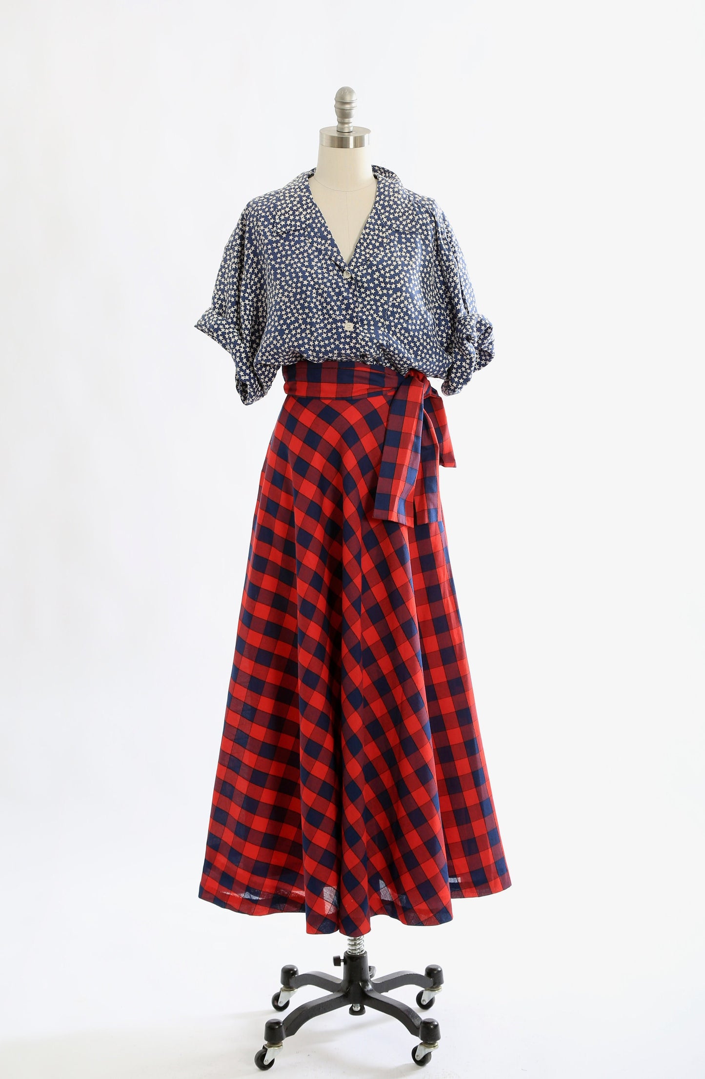 60s Anne Klein maxi skirt | Vintage 1960s red + blue plaid bow skirt