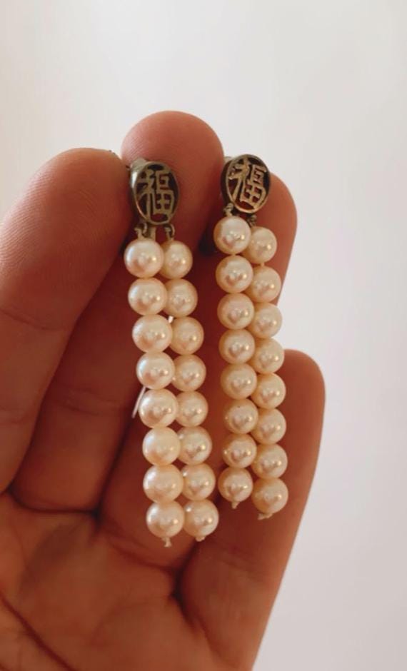 Vintage Ty Lee sterling Silver Chinese Pearl dangle earrings