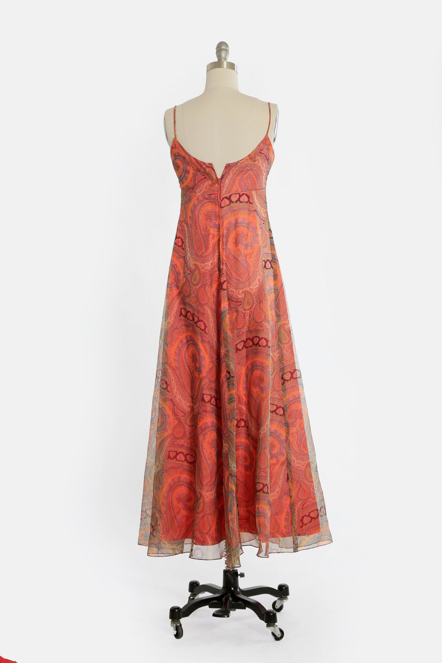 Vintage 70s psychedelic chiffon orange paisley maxi dress