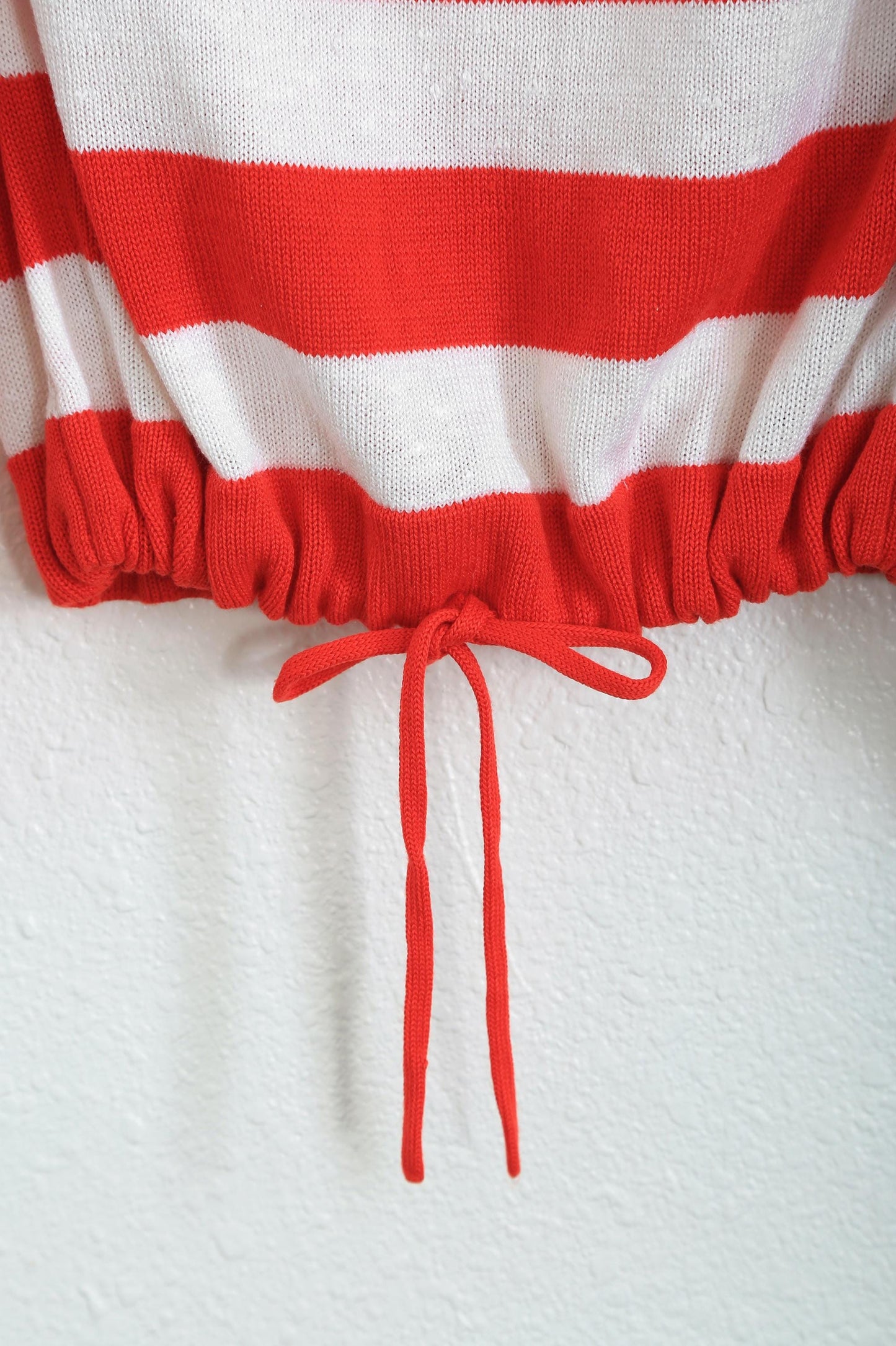 70s red striped knit draw string sweater