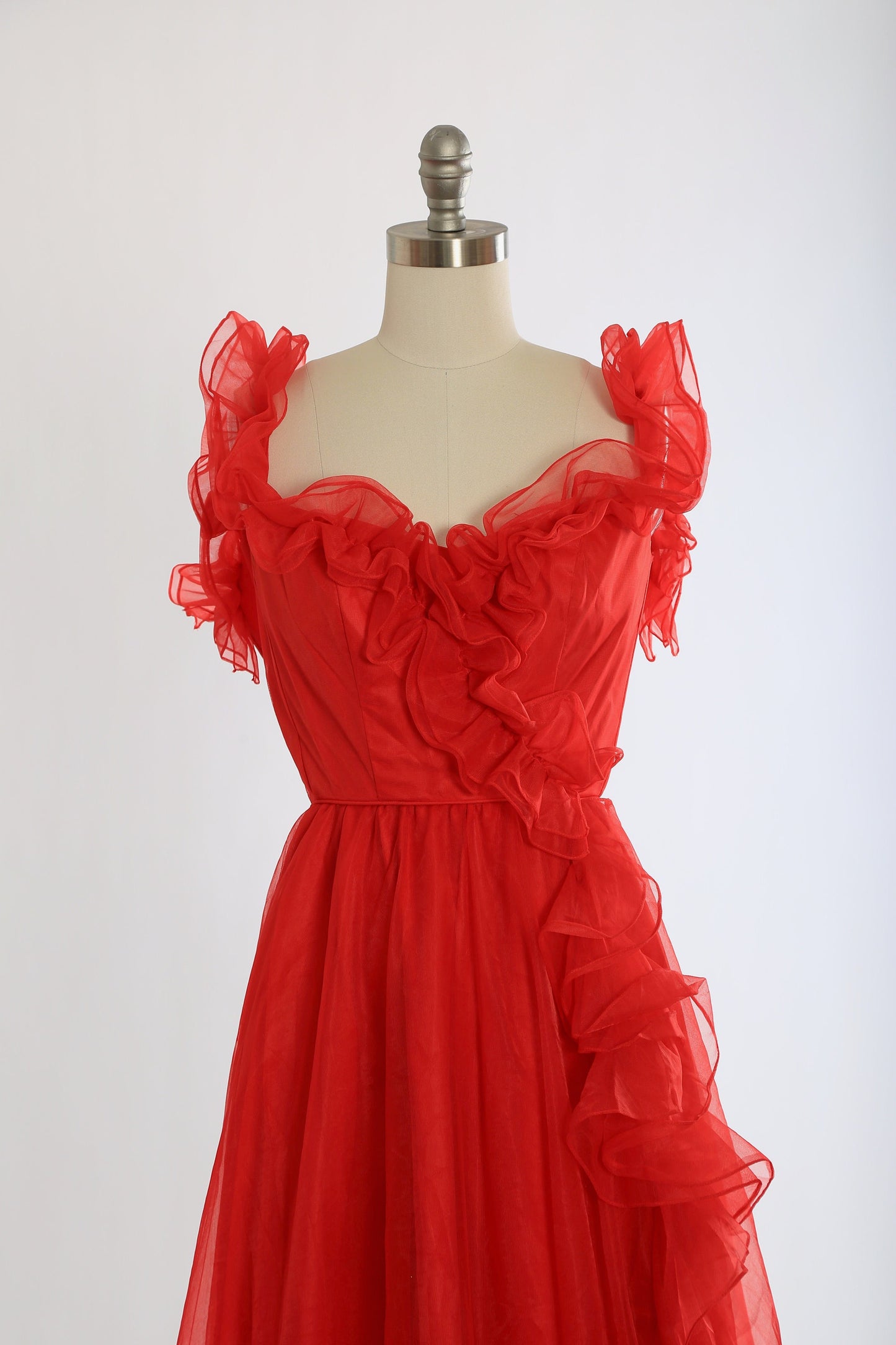 Vintage 70s red ruffle chiffon gown dress