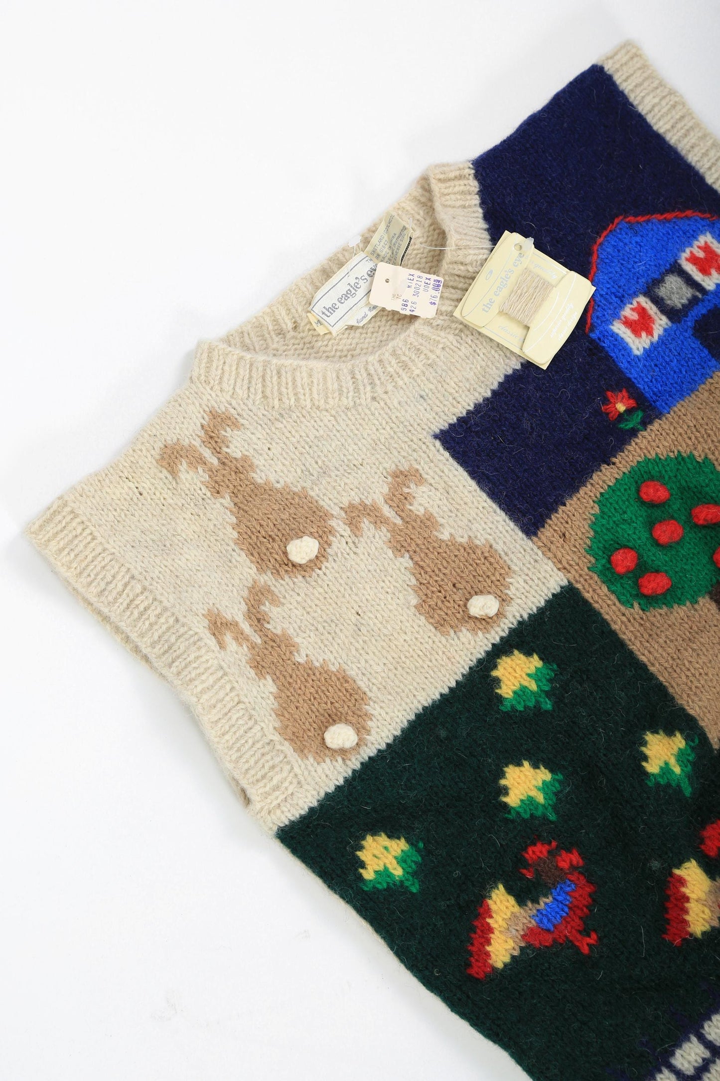 Vintage eagles eye knit wool sweater | Vintage 80s deadstock 3D farm scene sleeveless Shetland wool sweater