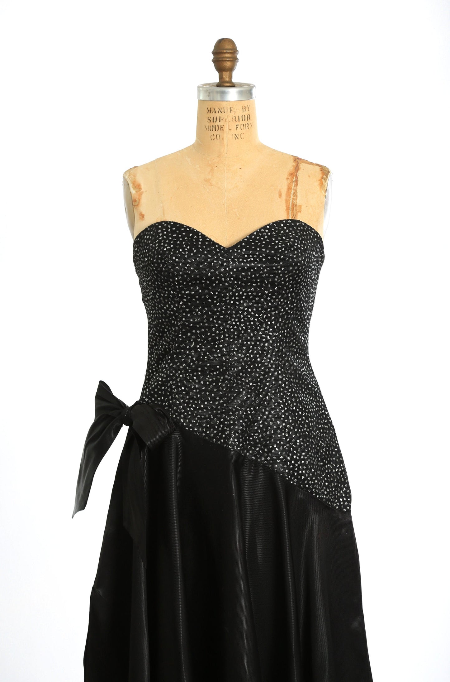 Vintage 90s does 50s black glitter asymmetrical satin cocktail dress