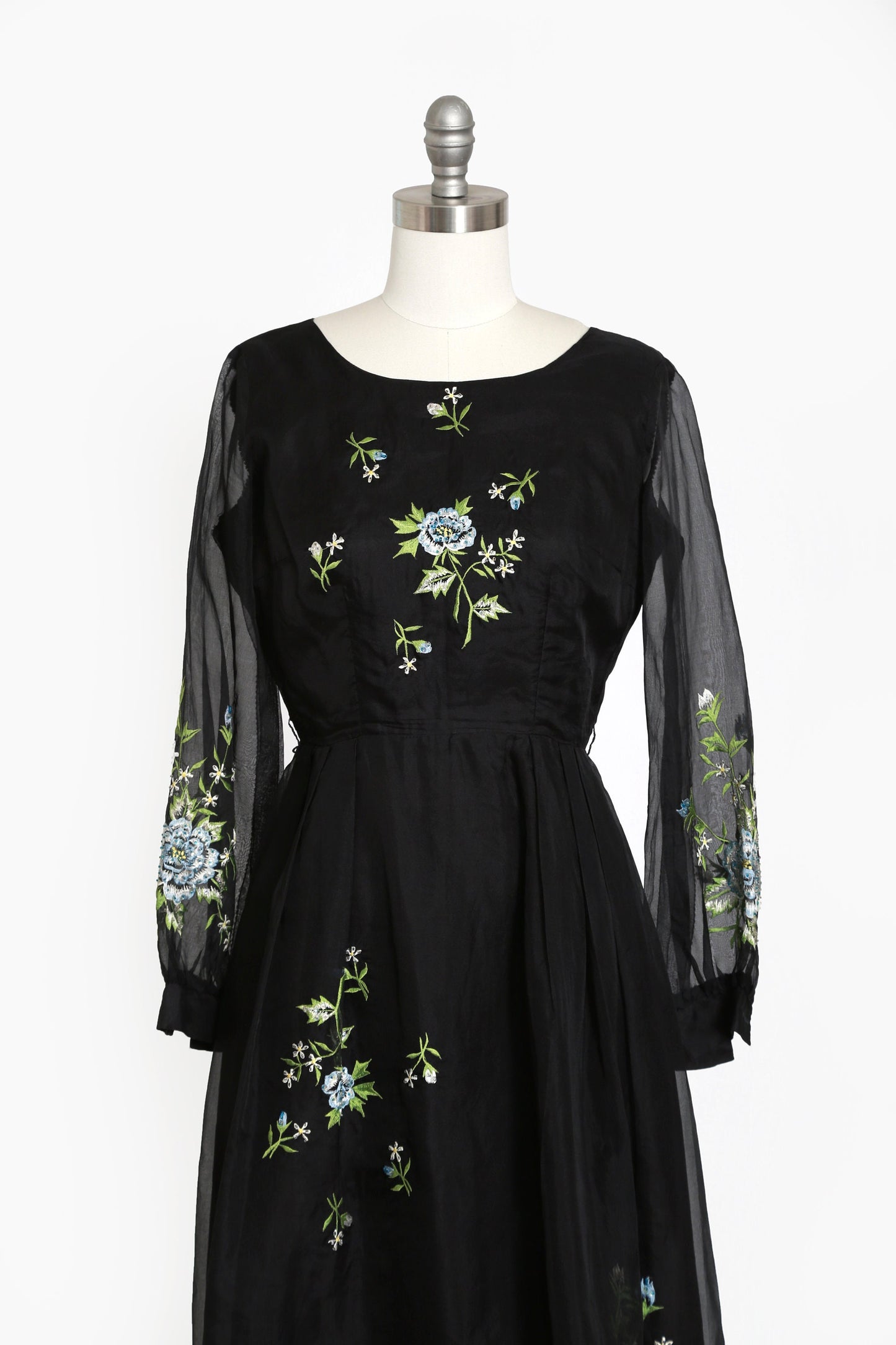 50s Chiffon dress | Vintage 1950s black embroidered beaded sequin dress