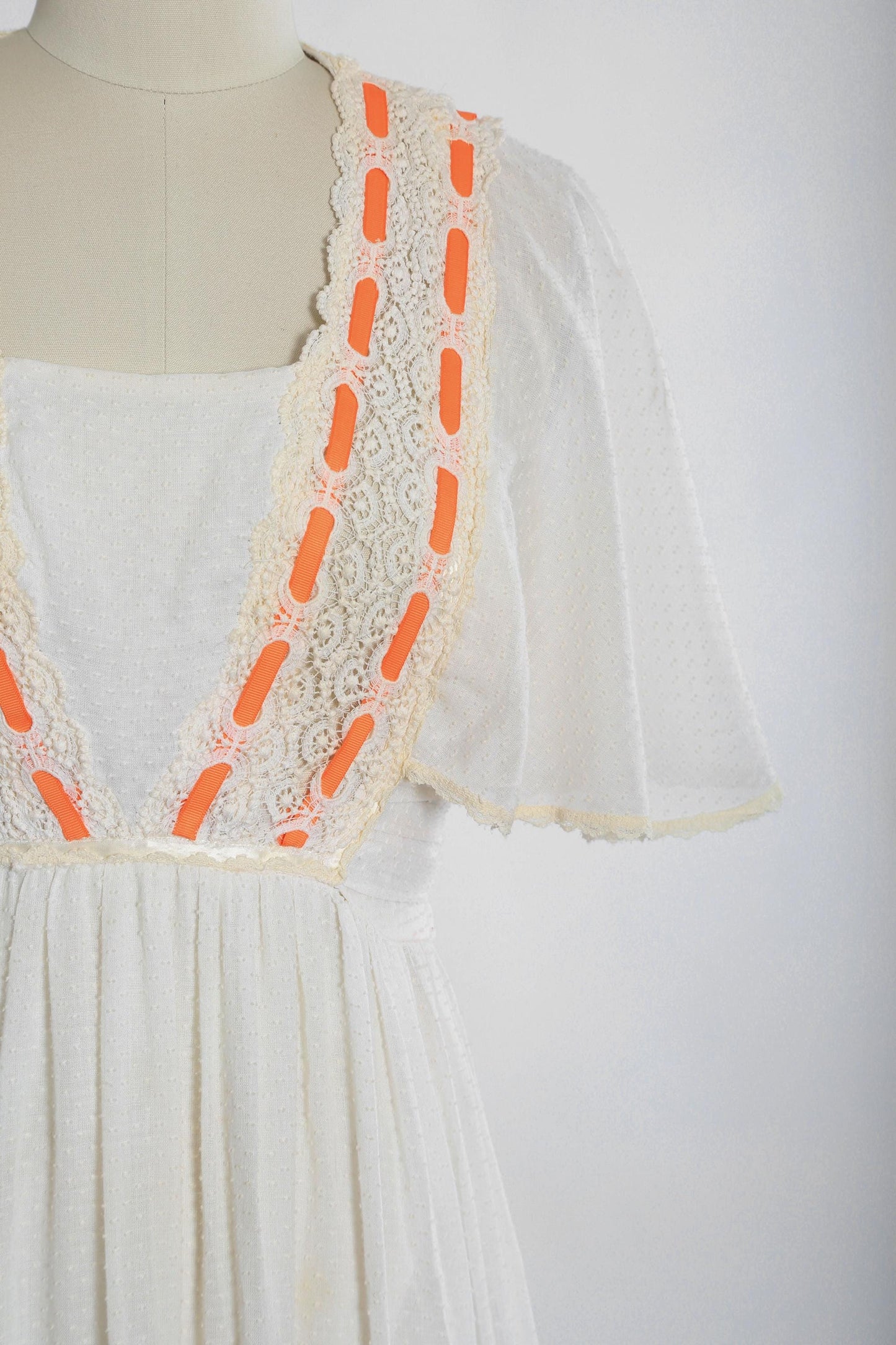 Vintage 70s white cotton Swiss got orange maxi dress