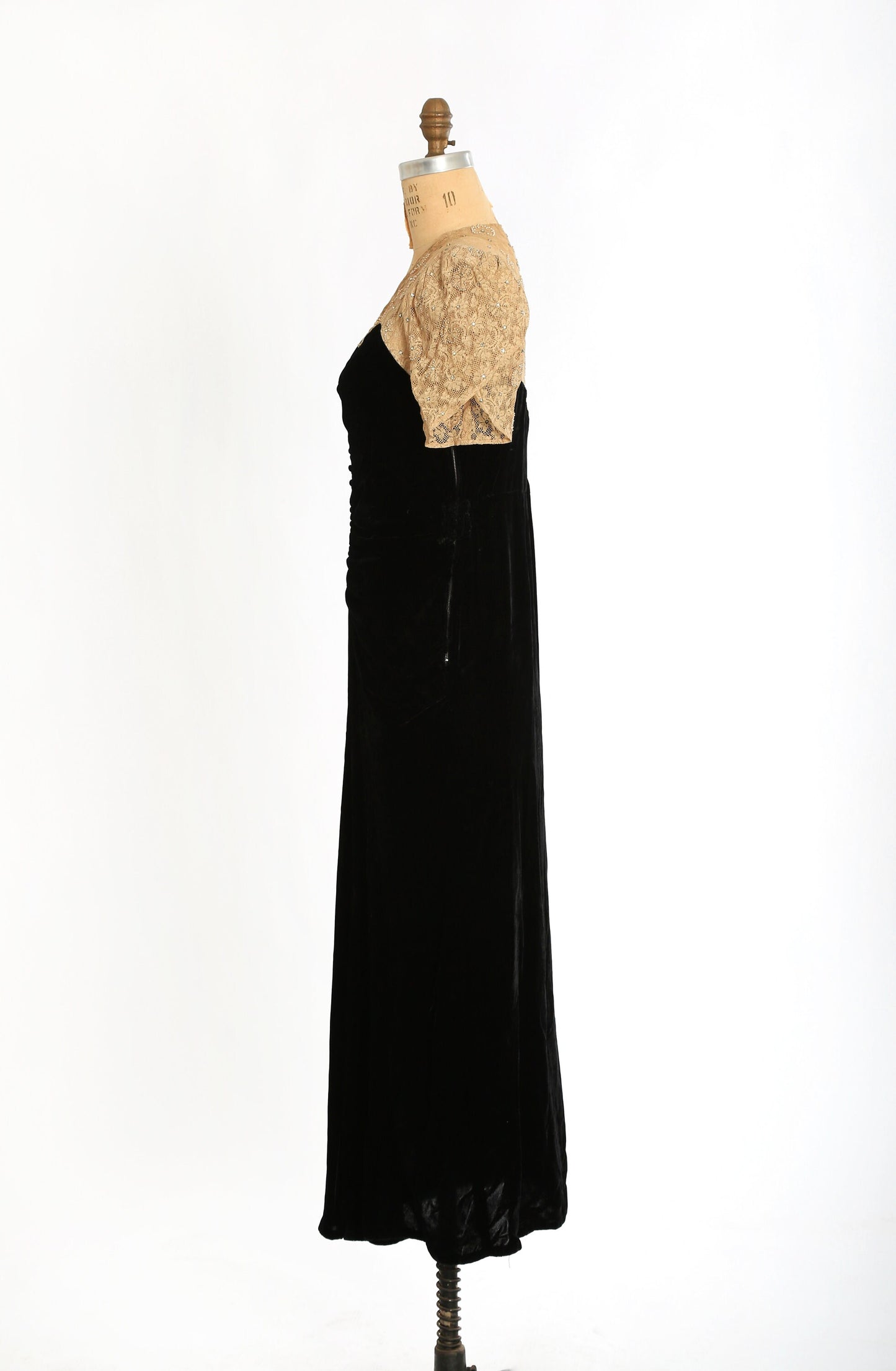 Antique Vintage 1930s black velvet floral rhinestone lace dress