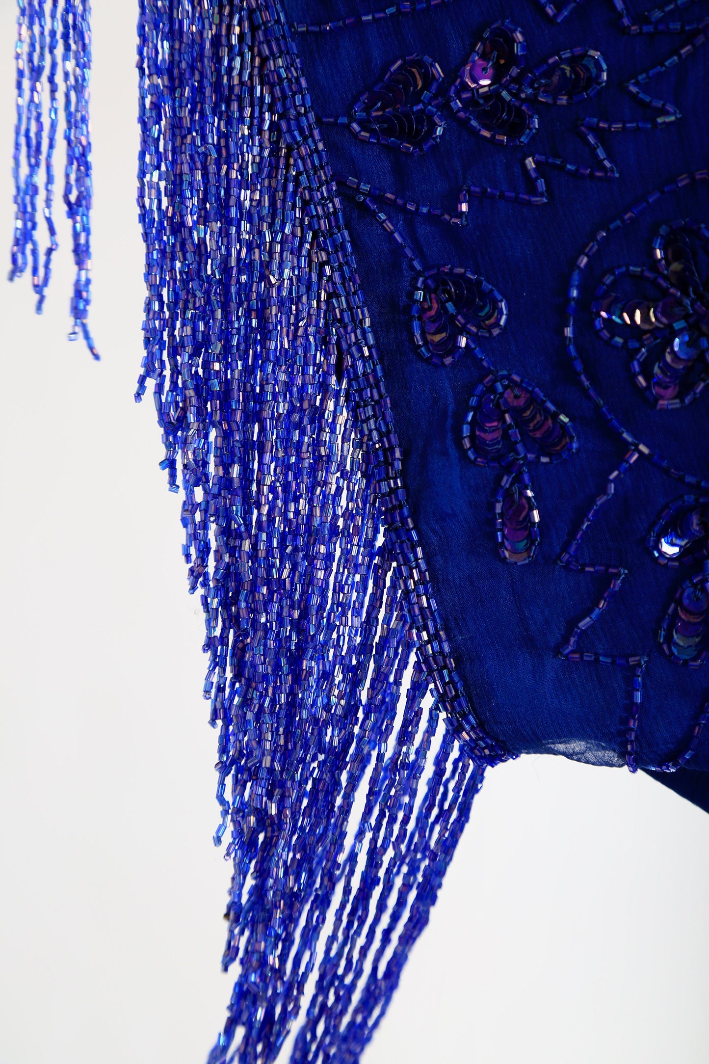 vintage 80s Blue fringe beaded sequin floral paisley silk dress