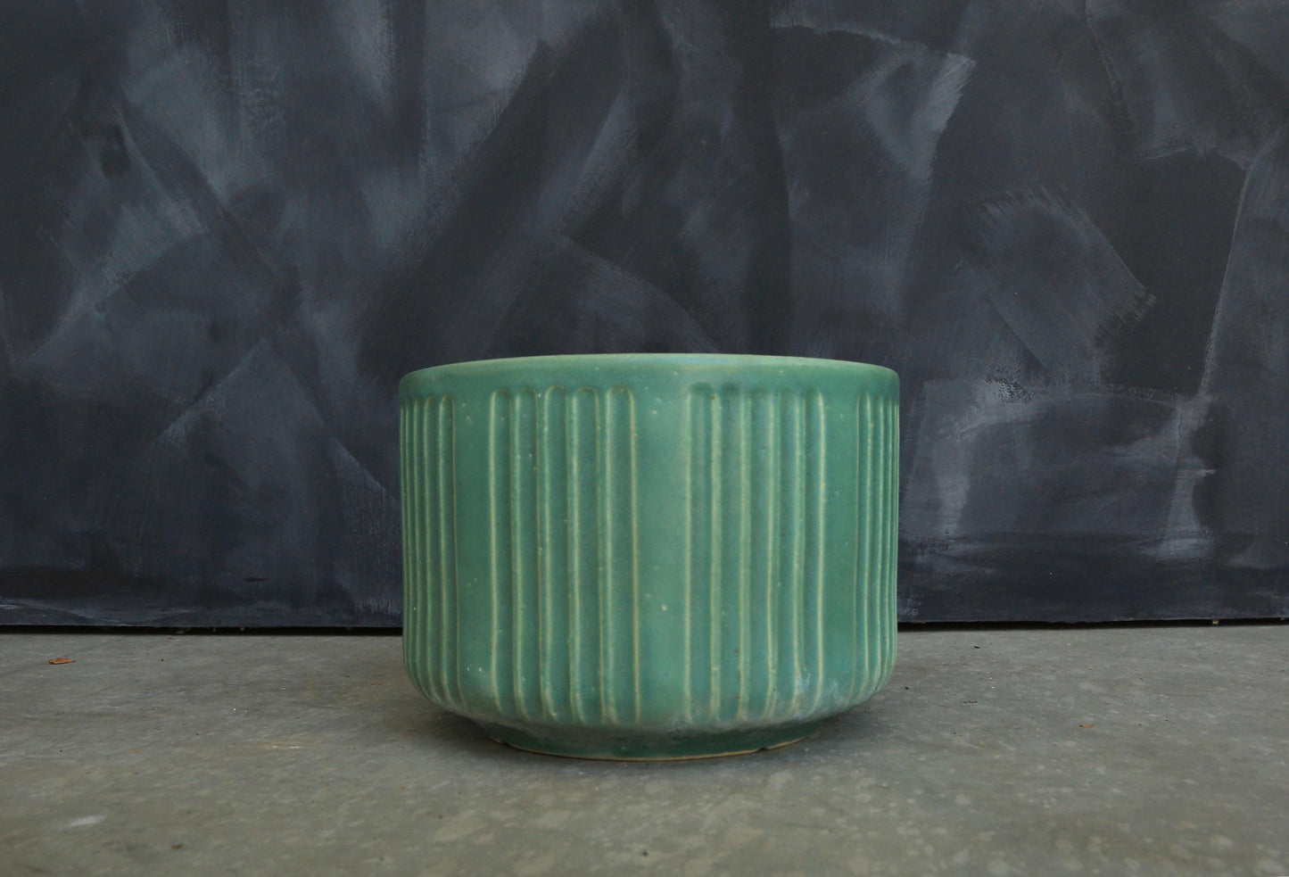 Vintage Mid Century Modern matte green ribbed California pottery ceramic planter pot