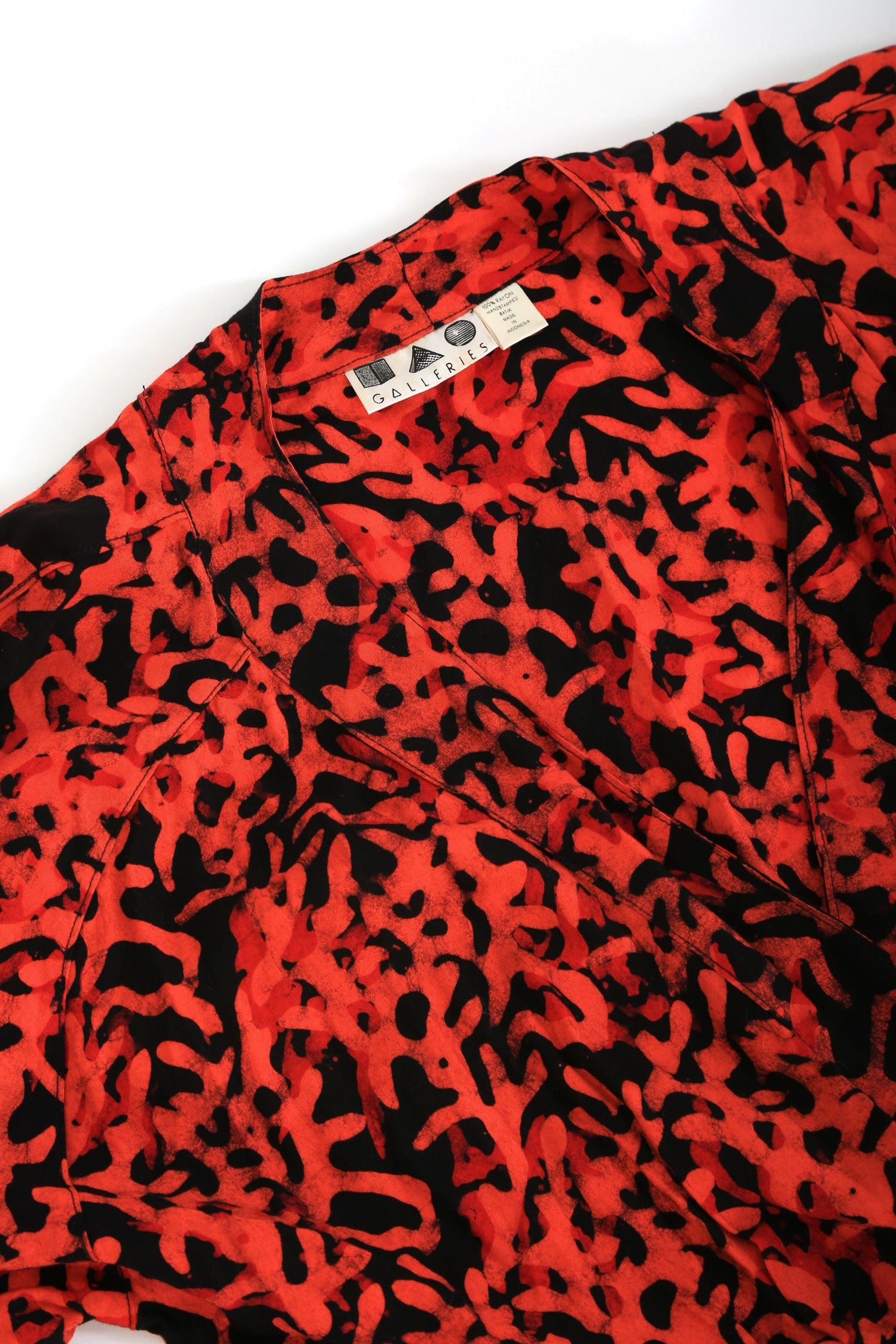 80s Coral hand stamped batik tropical wrap dress