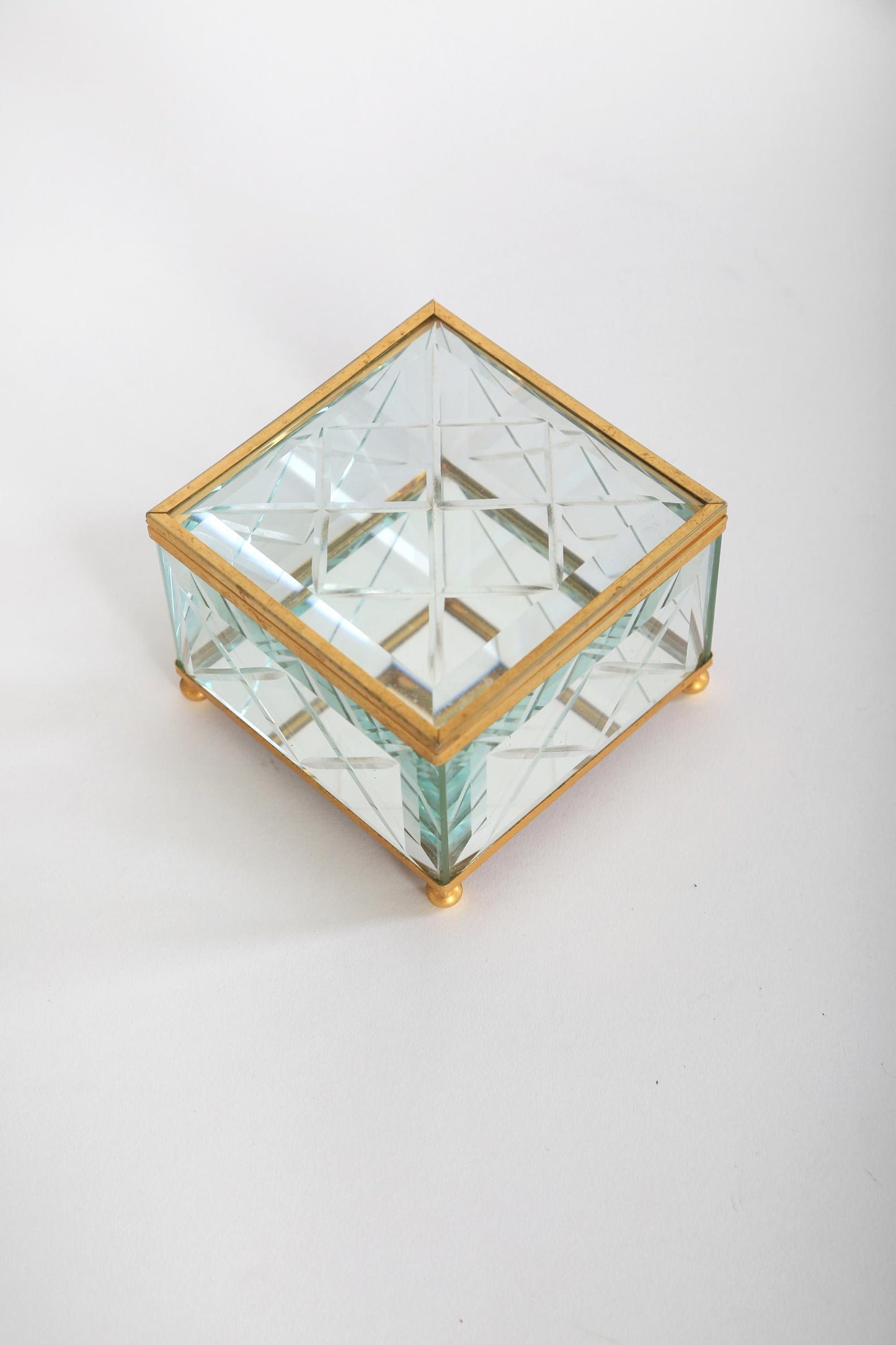 Vintage cut glass brass Jewelry Casket Box