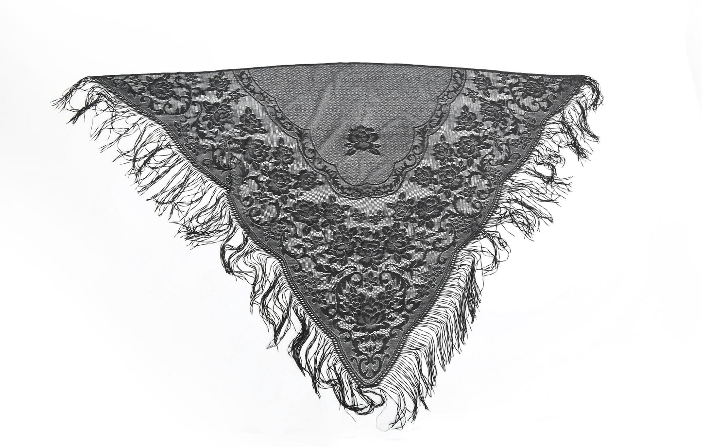 Vintage 70s Black floral lace piano shawl