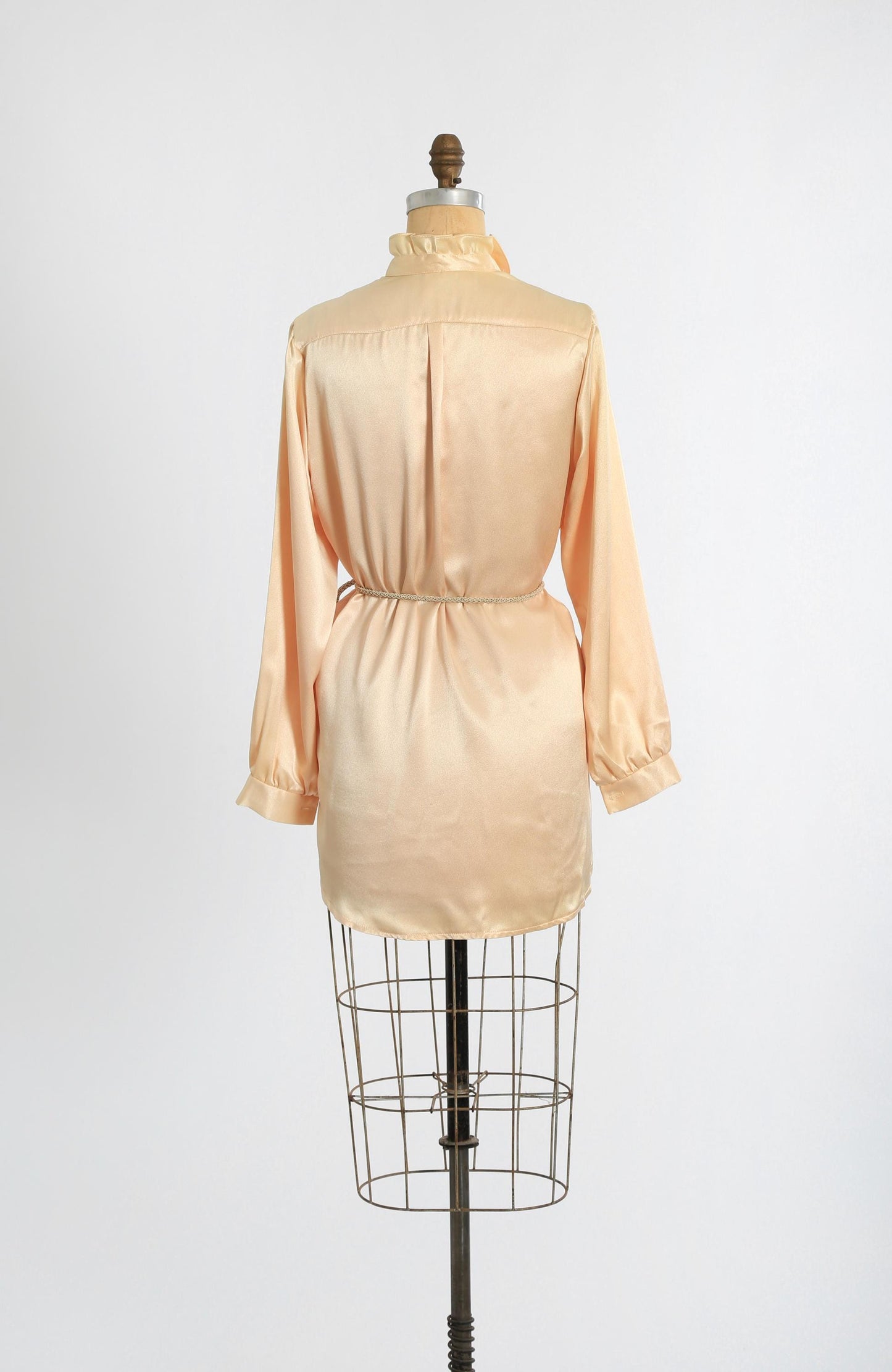 70s Fritzi belted Tuxedo blouse | Vintage 1970s Peach satin ruffle tuxedo top