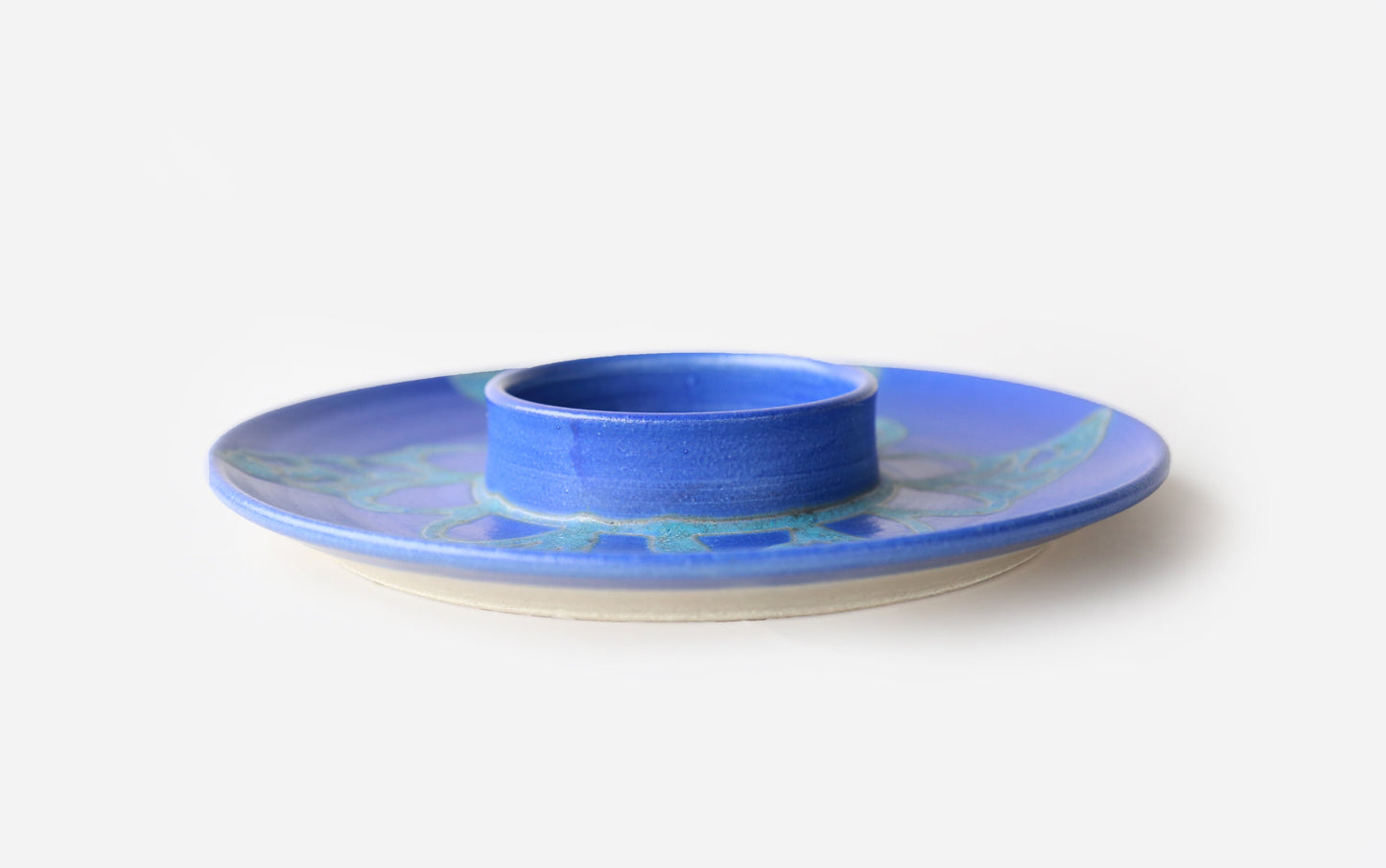 Studio Art stoneware chip dip dish | Vintage stoneware abstract blue serving plate