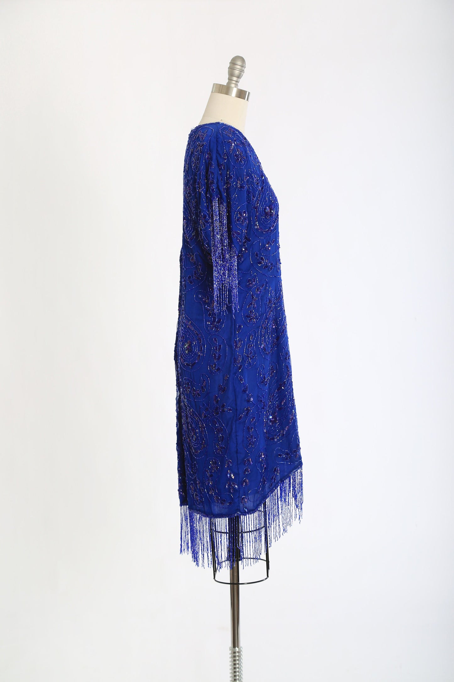 vintage 80s Blue fringe beaded sequin floral paisley silk dress