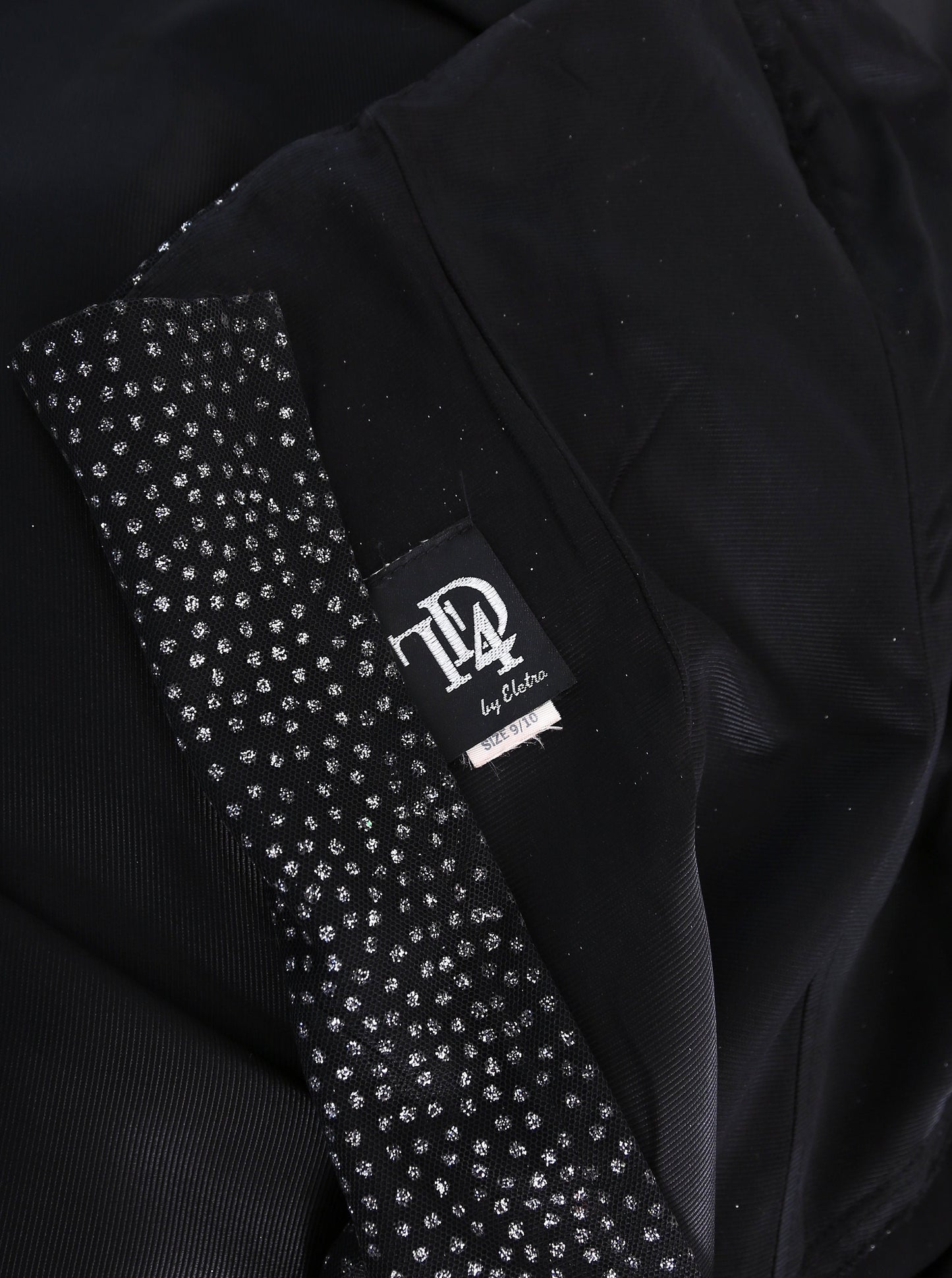 Vintage 90s does 50s black glitter asymmetrical satin cocktail dress