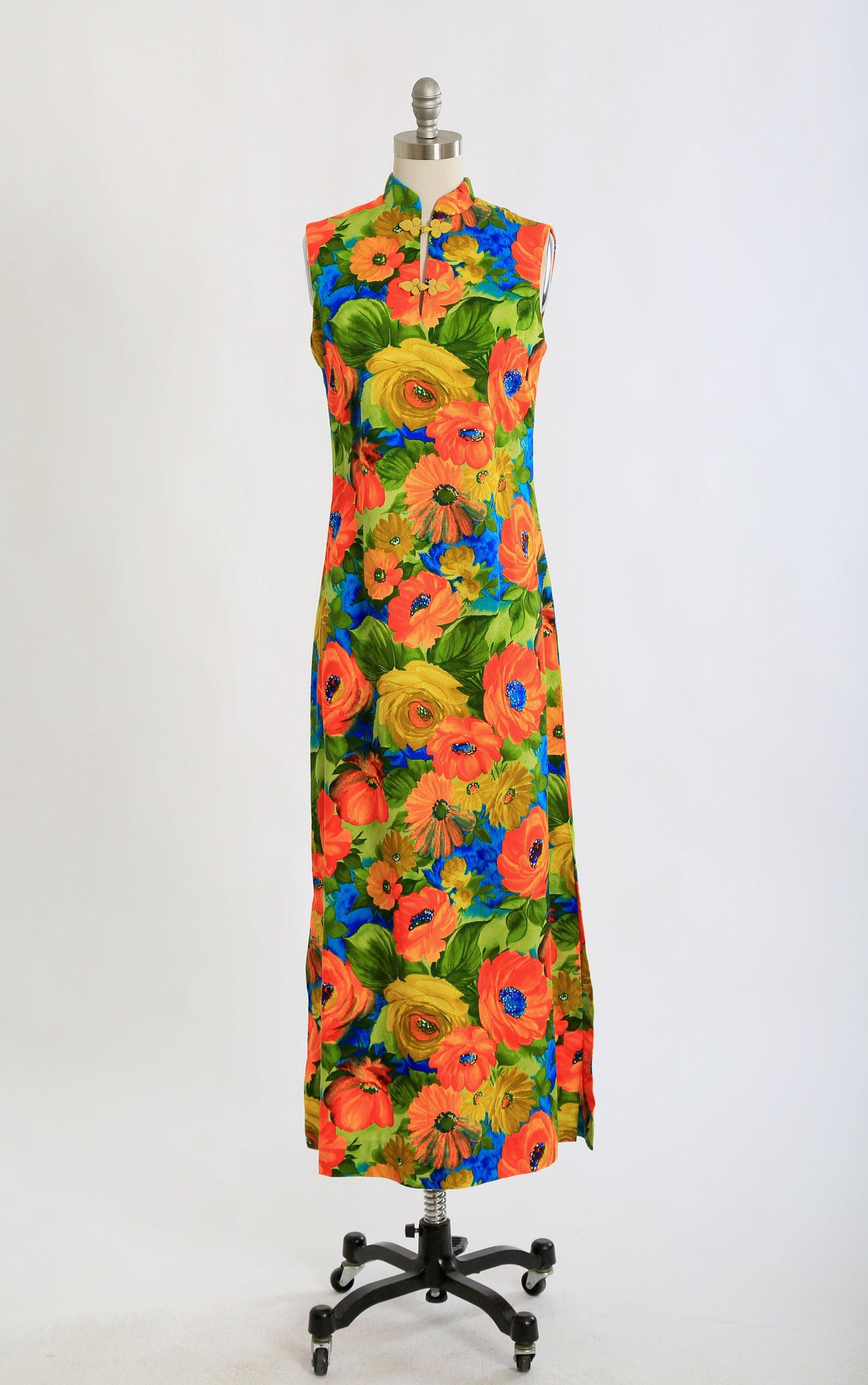 Vintage 1960s 70s Neon floral barkcloth maxi dress
